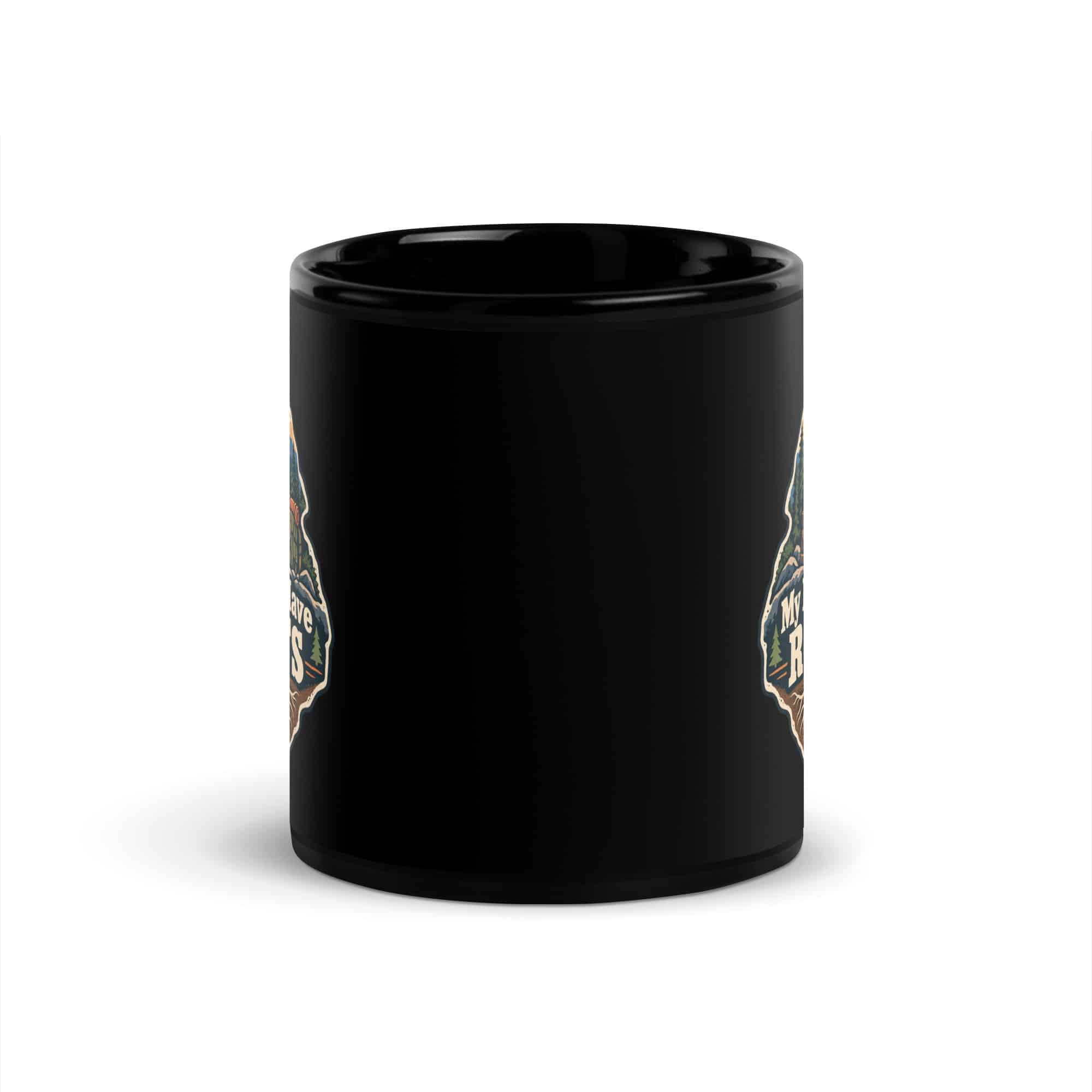 Nature and Adventure Black Coffee Mug: My Plans Have Roots, Scenic Shield Badge