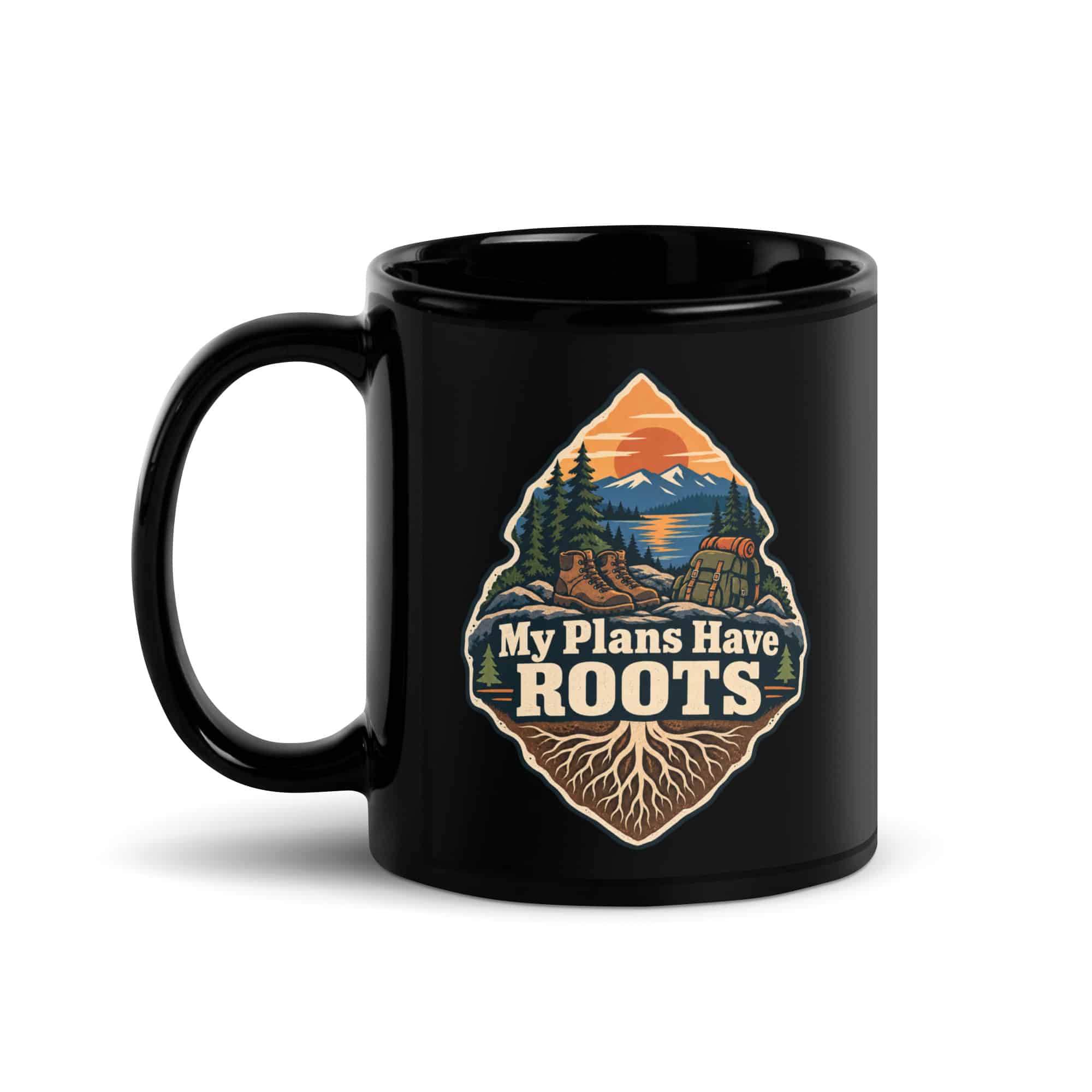 Nature and Adventure Black Coffee Mug: My Plans Have Roots, Scenic Shield Badge