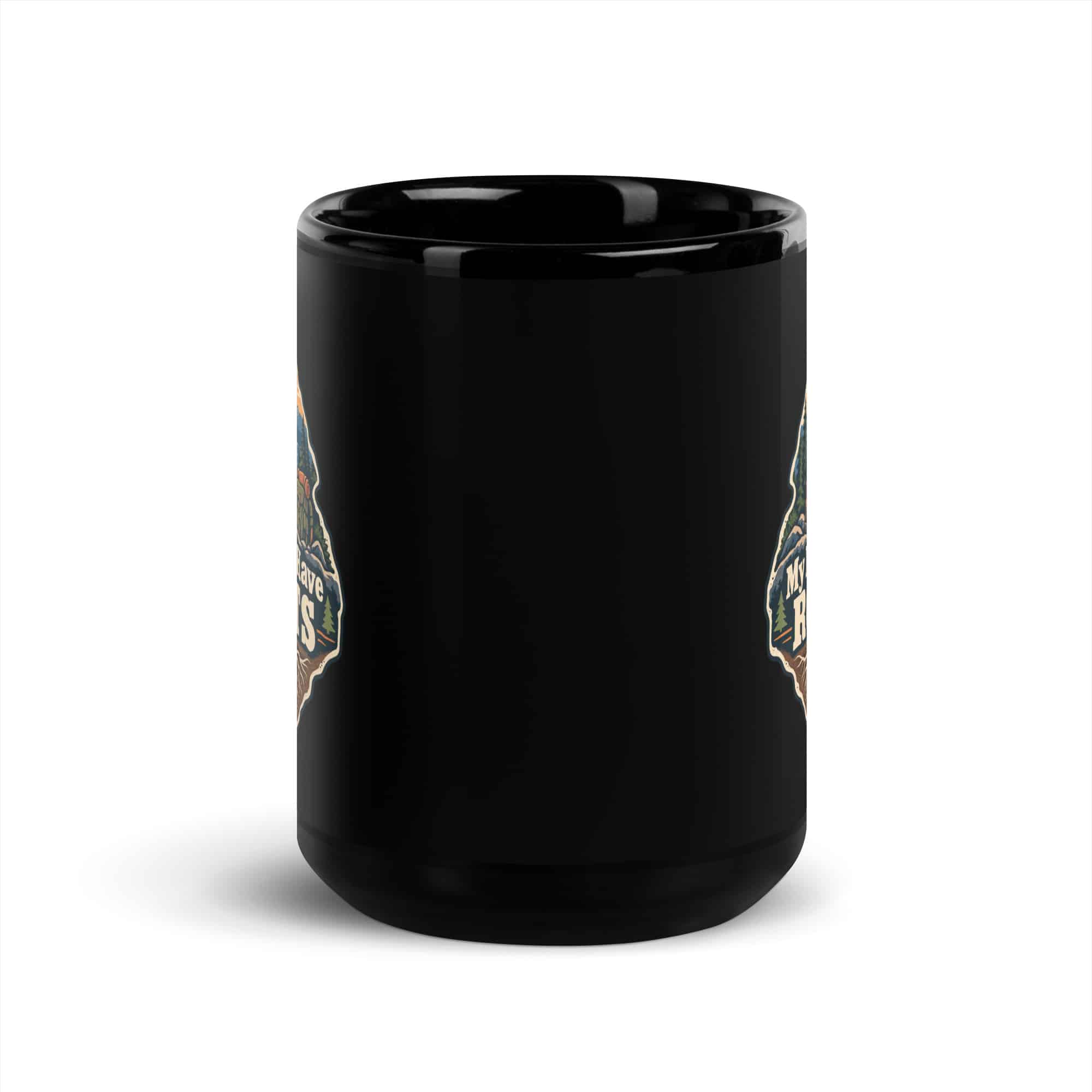 Nature and Adventure Black Coffee Mug: My Plans Have Roots, Scenic Shield Badge