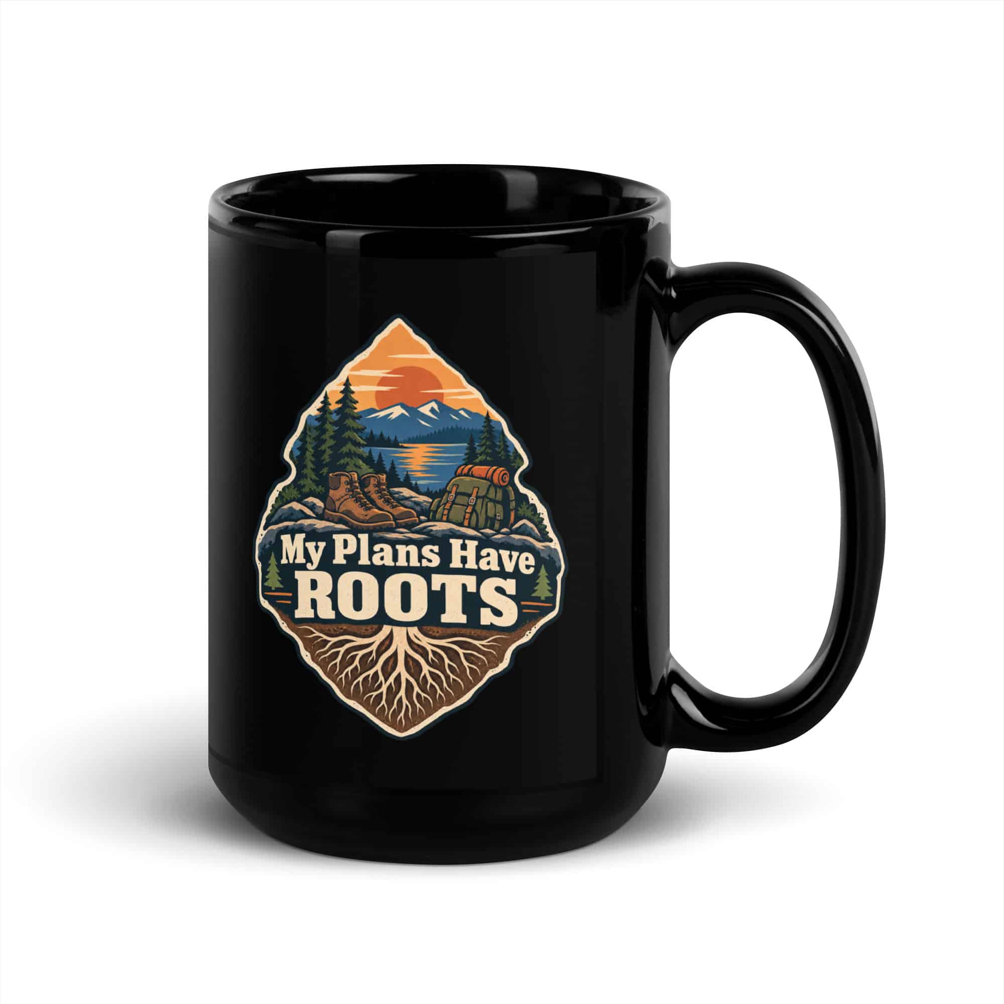 Nature and Adventure Black Coffee Mug: My Plans Have Roots, Scenic Shield Badge