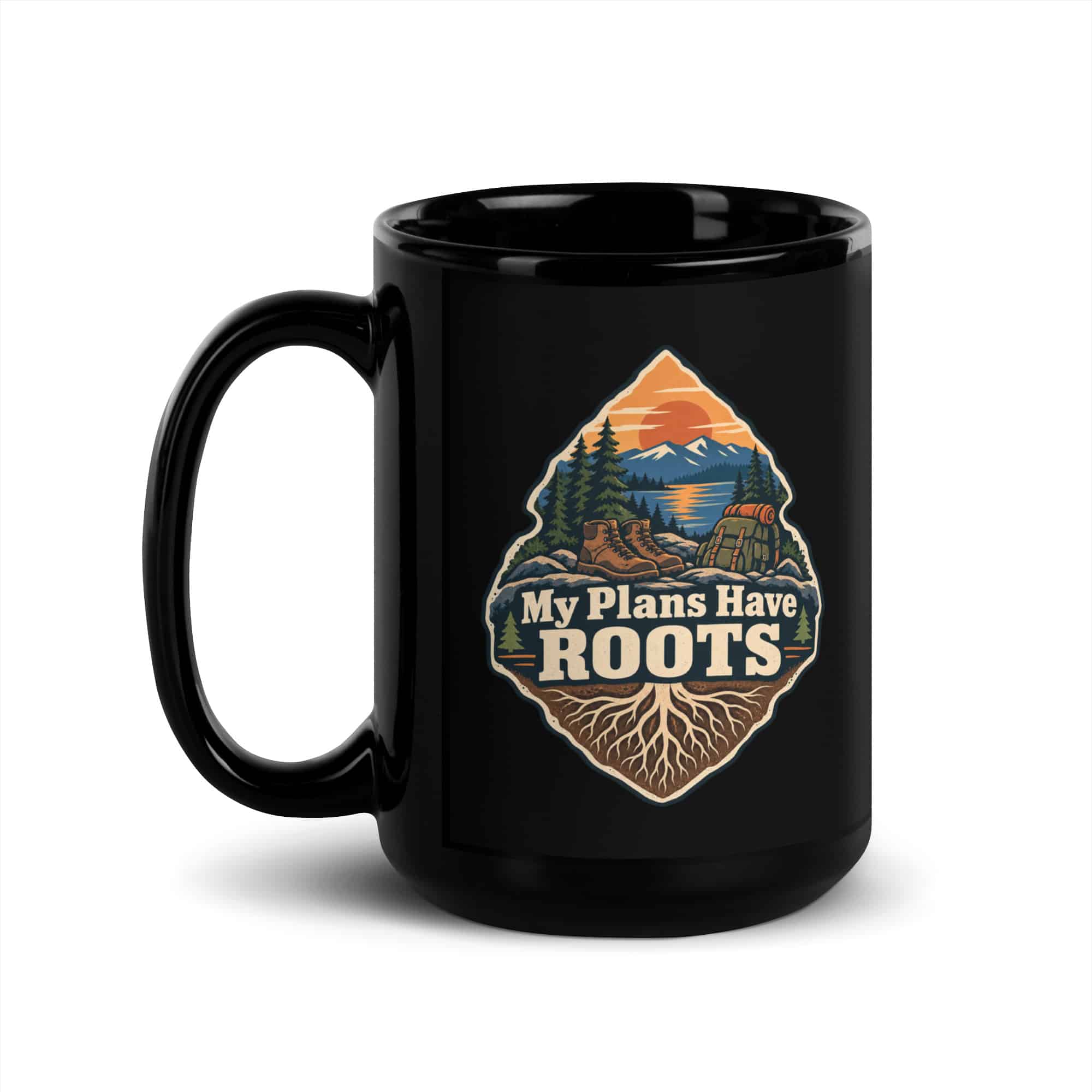 Nature and Adventure Black Coffee Mug: My Plans Have Roots, Scenic Shield Badge