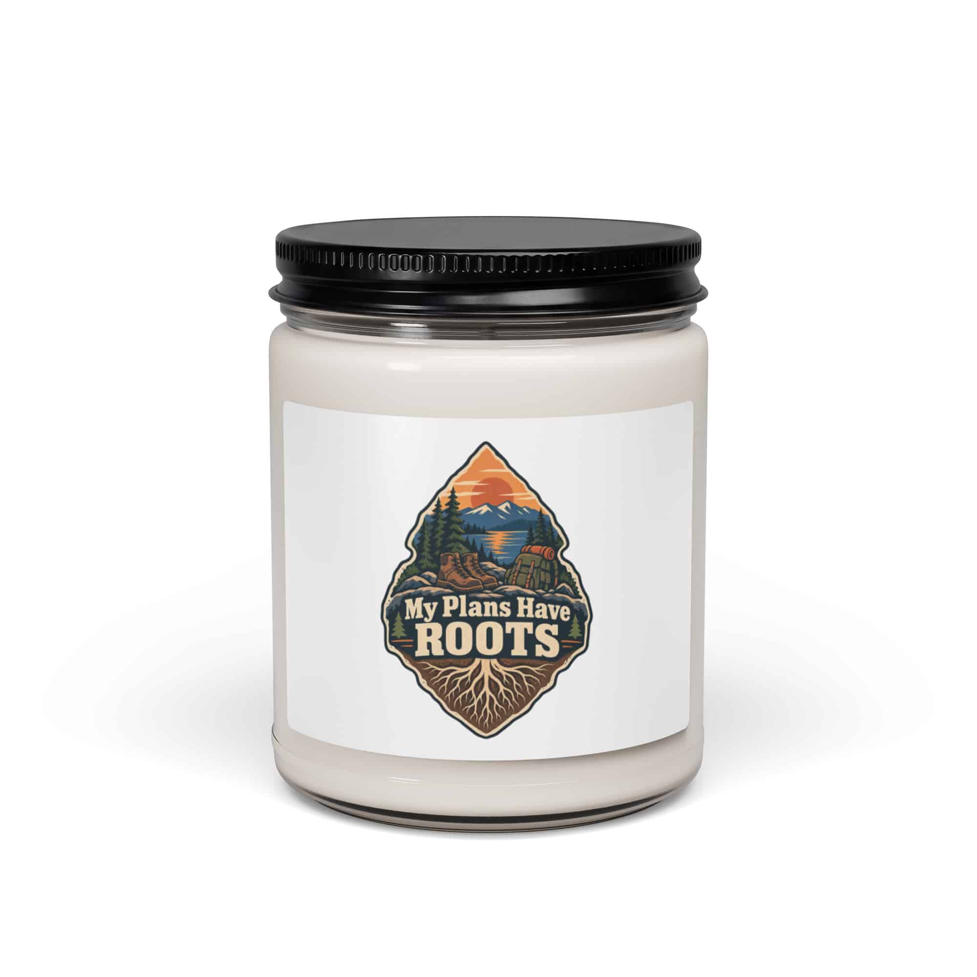 Nature and Adventure Soy Wax Candle: My Plans Have Roots, Scenic Shield Badge