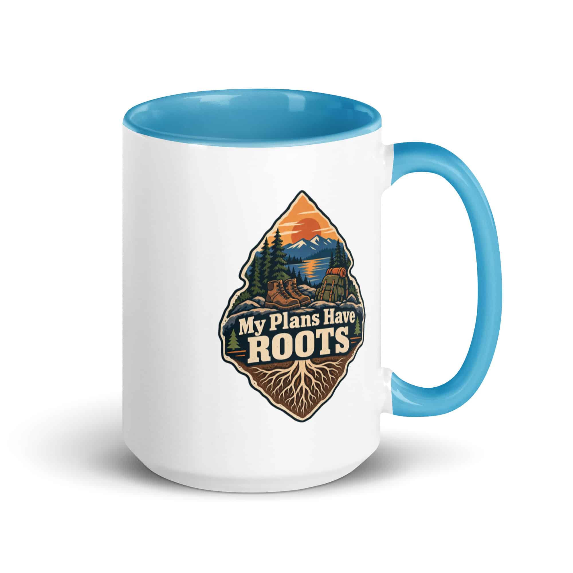 Nature and Adventure Color Inside Coffee Mug: My Plans Have Roots, Scenic Shield Badge