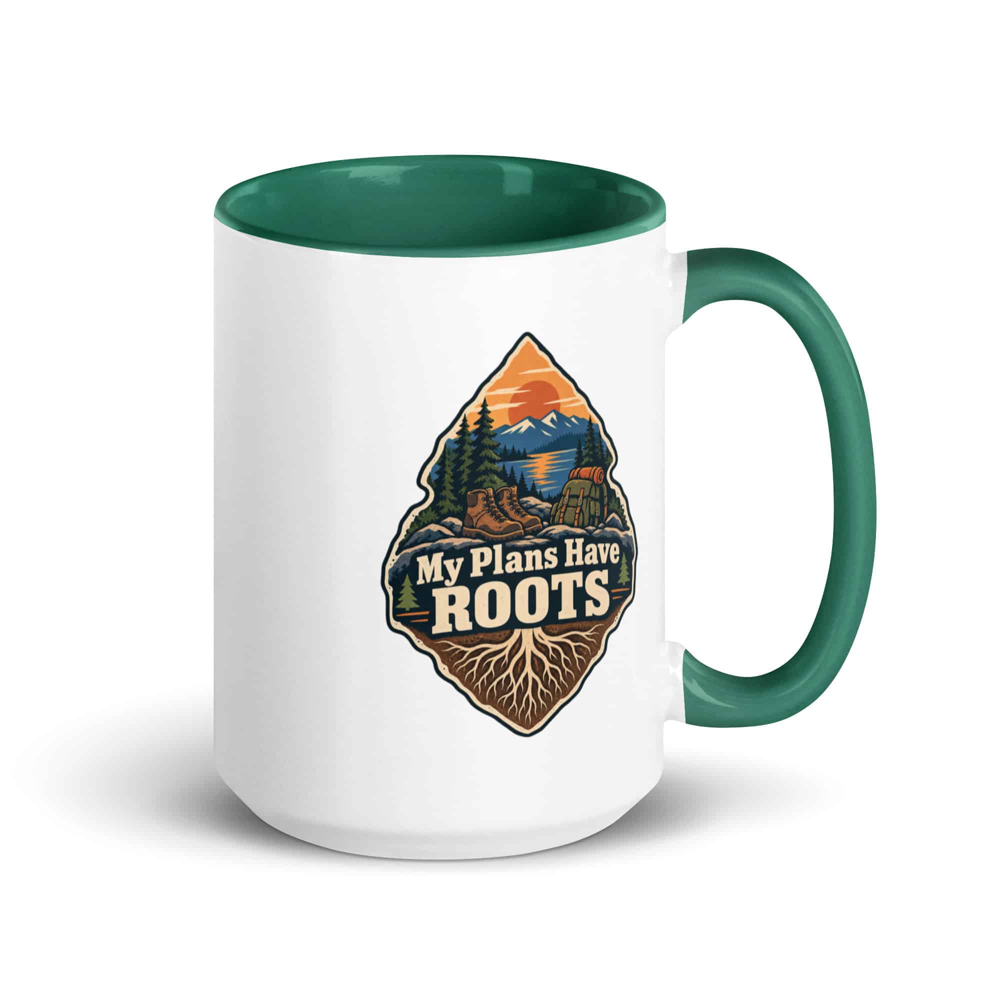 Nature and Adventure Color Inside Coffee Mug: My Plans Have Roots, Scenic Shield Badge