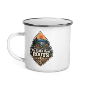 Nature and Adventure Enamel Camp Mug: My Plans Have Roots, Scenic Shield Badge - 12 oz - Left