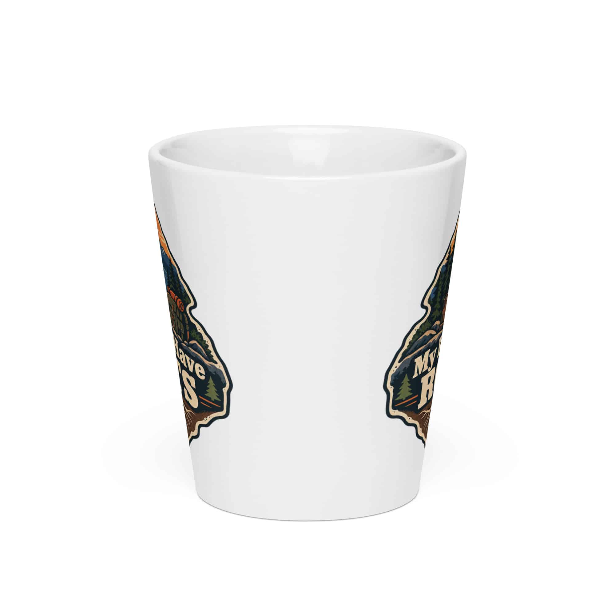 Nature and Adventure Latte Mug: My Plans Have Roots, Scenic Shield Badge