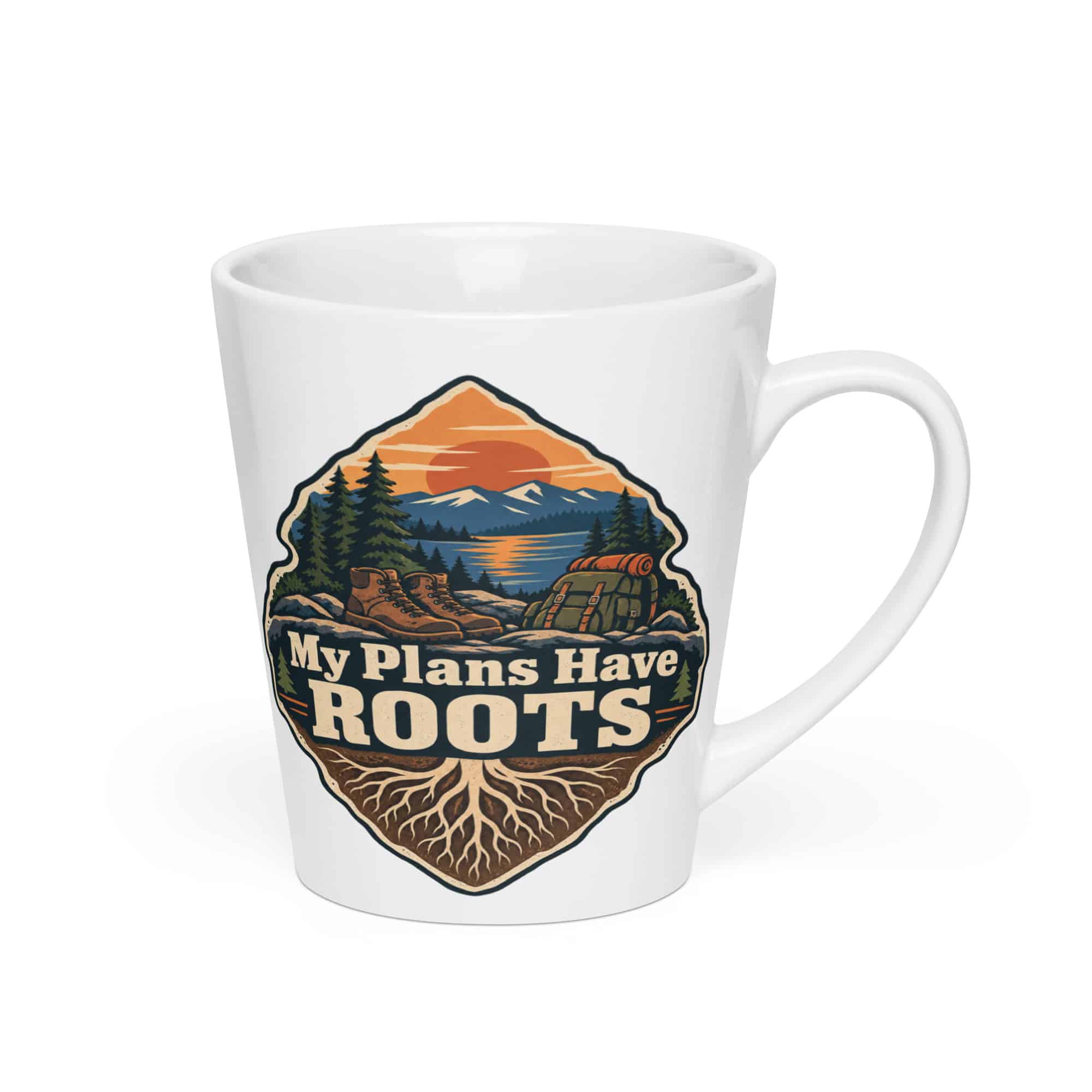 Nature and Adventure Latte Mug: My Plans Have Roots, Scenic Shield Badge