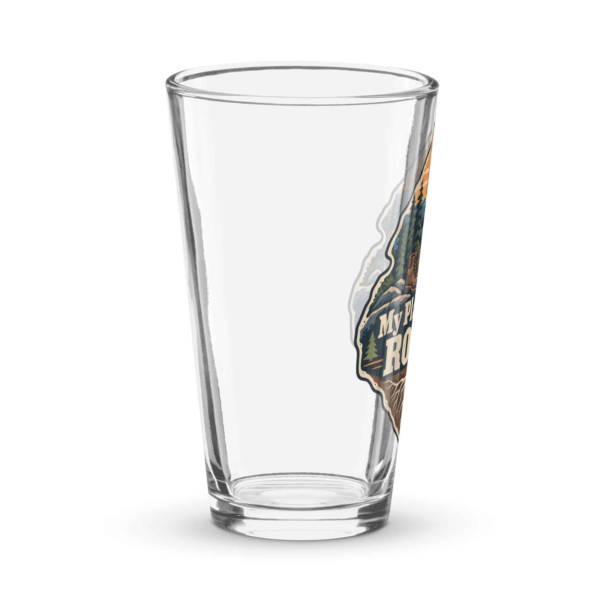 Nature and Adventure Pint Glass: My Plans Have Roots, Scenic Shield Badge