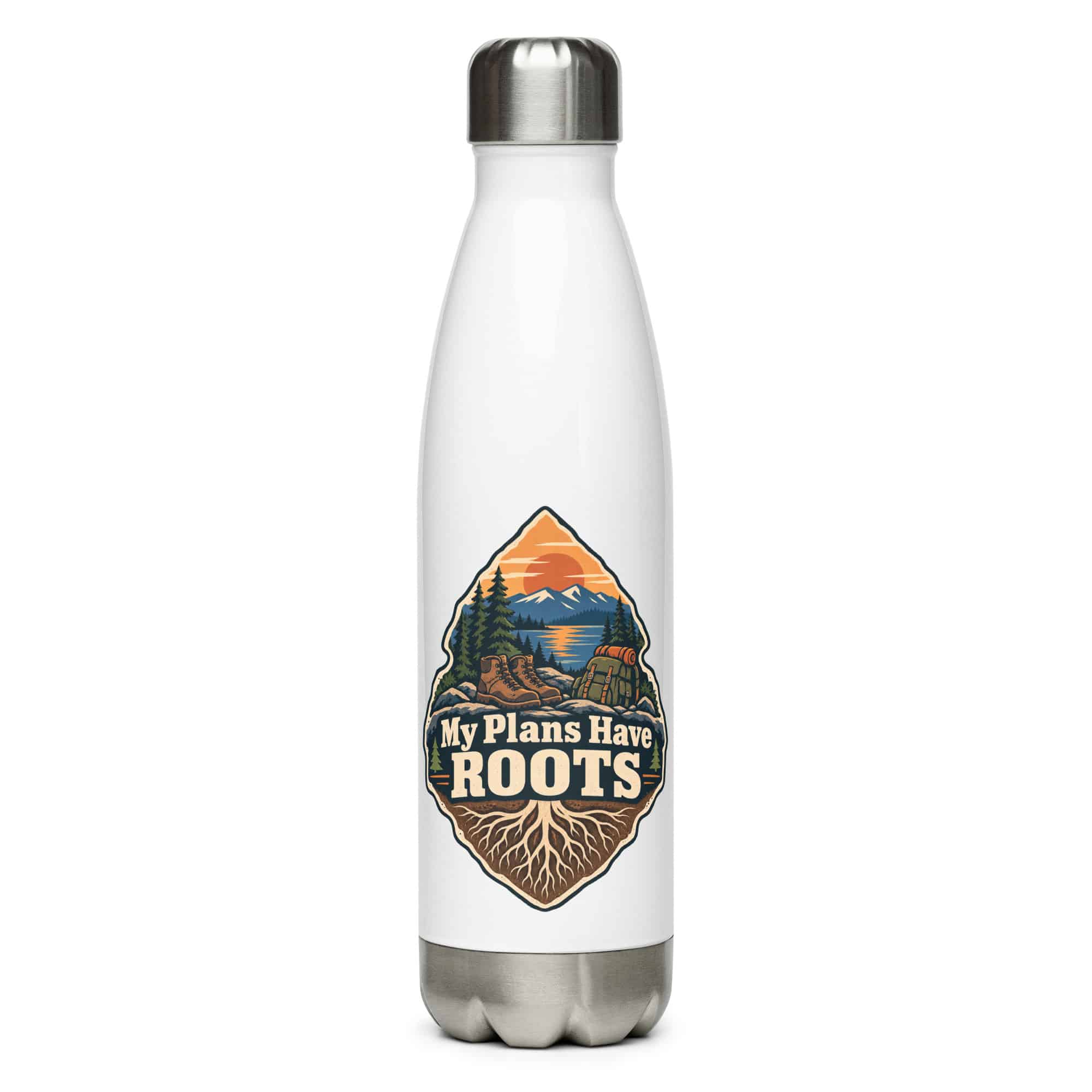 Nature and Adventure Stainless Steel Water Bottle: My Plans Have Roots, Scenic Shield Badge