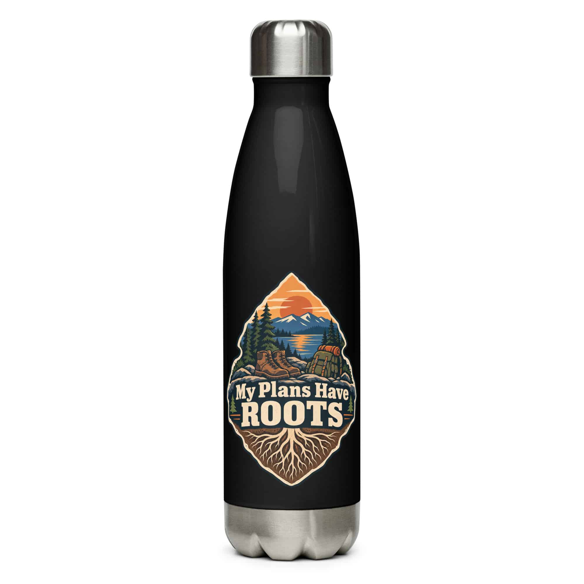 Nature and Adventure Stainless Steel Water Bottle: My Plans Have Roots, Scenic Shield Badge
