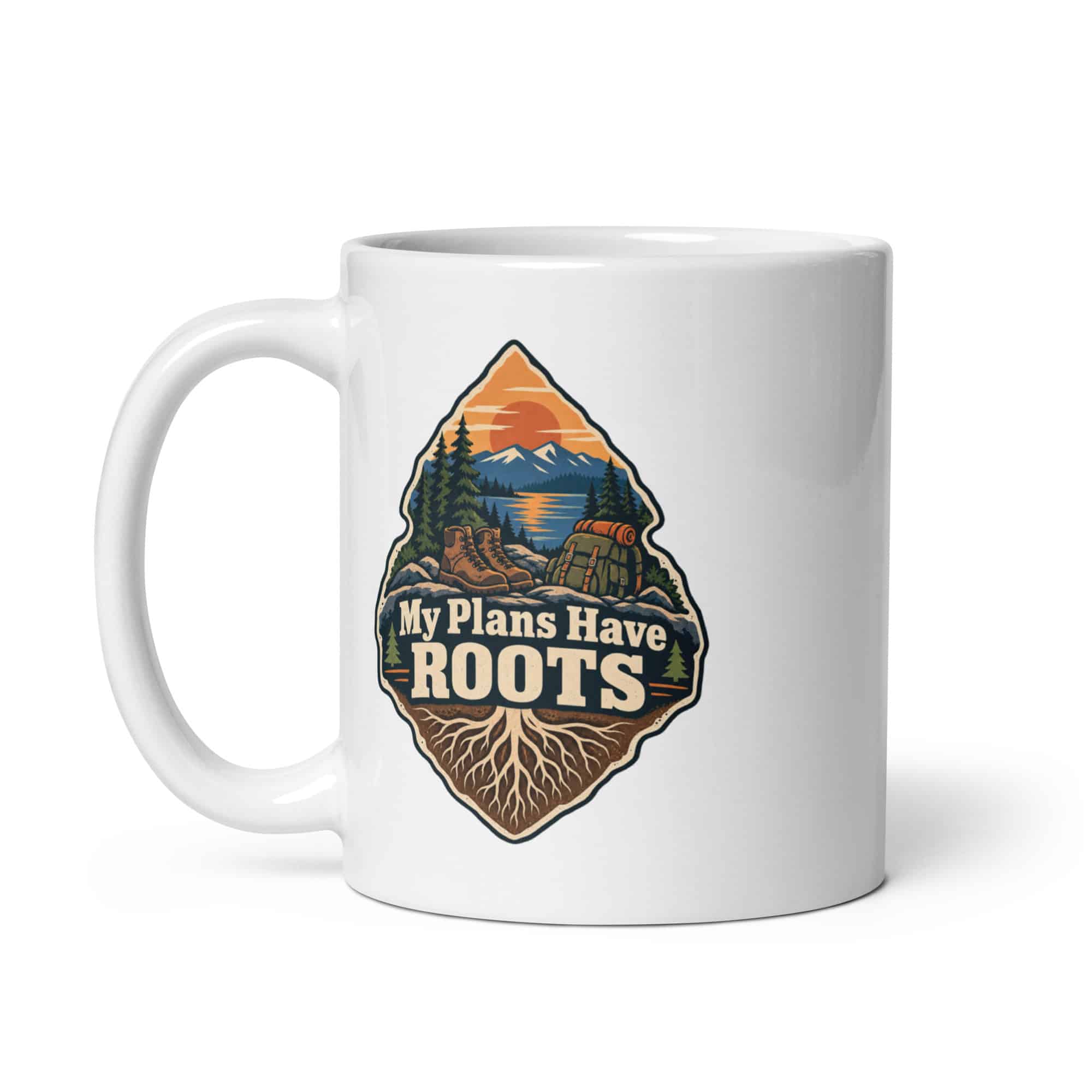 Nature and Adventure White Ceramic Coffee Mug: My Plans Have Roots, Scenic Shield Badge