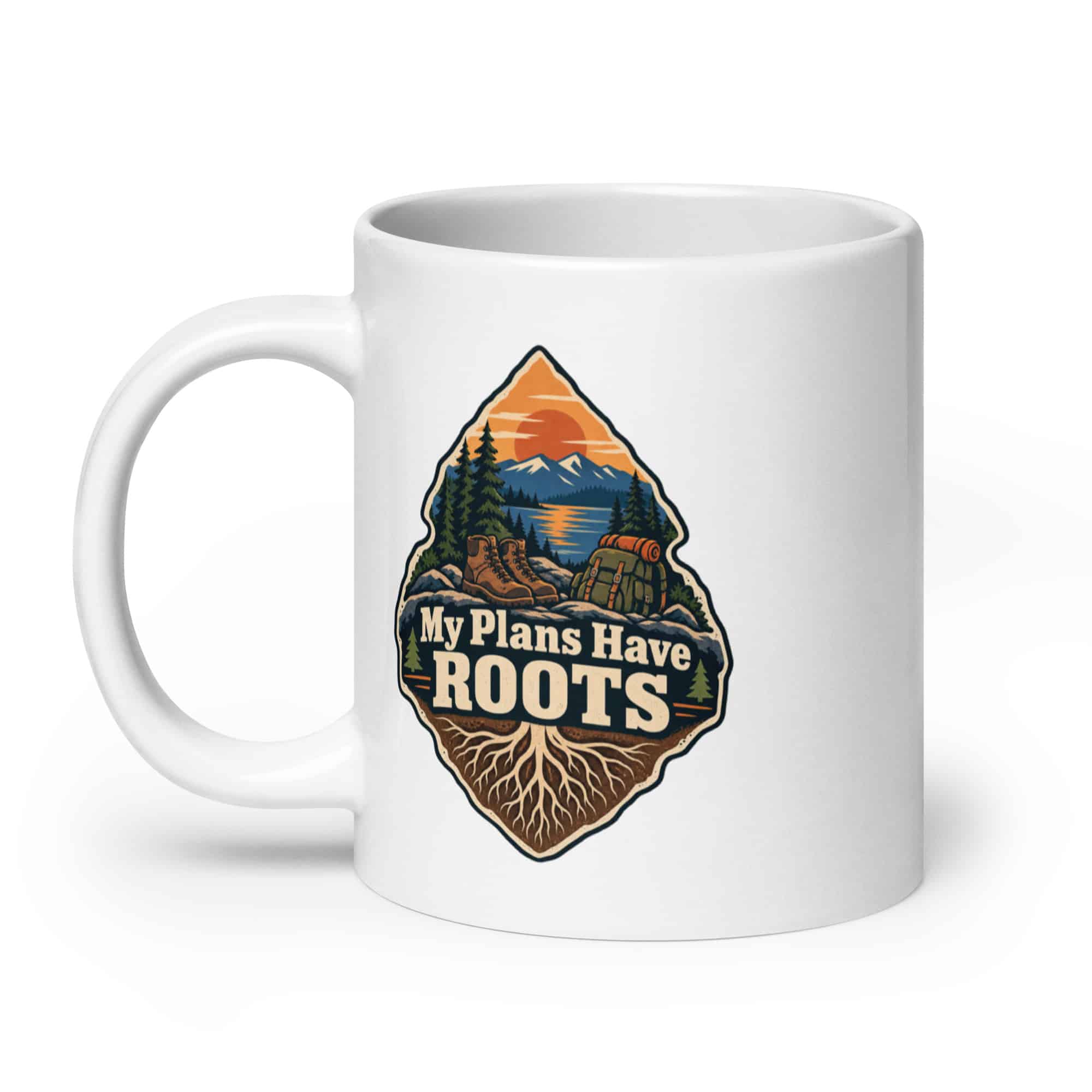 Nature and Adventure White Ceramic Coffee Mug: My Plans Have Roots, Scenic Shield Badge