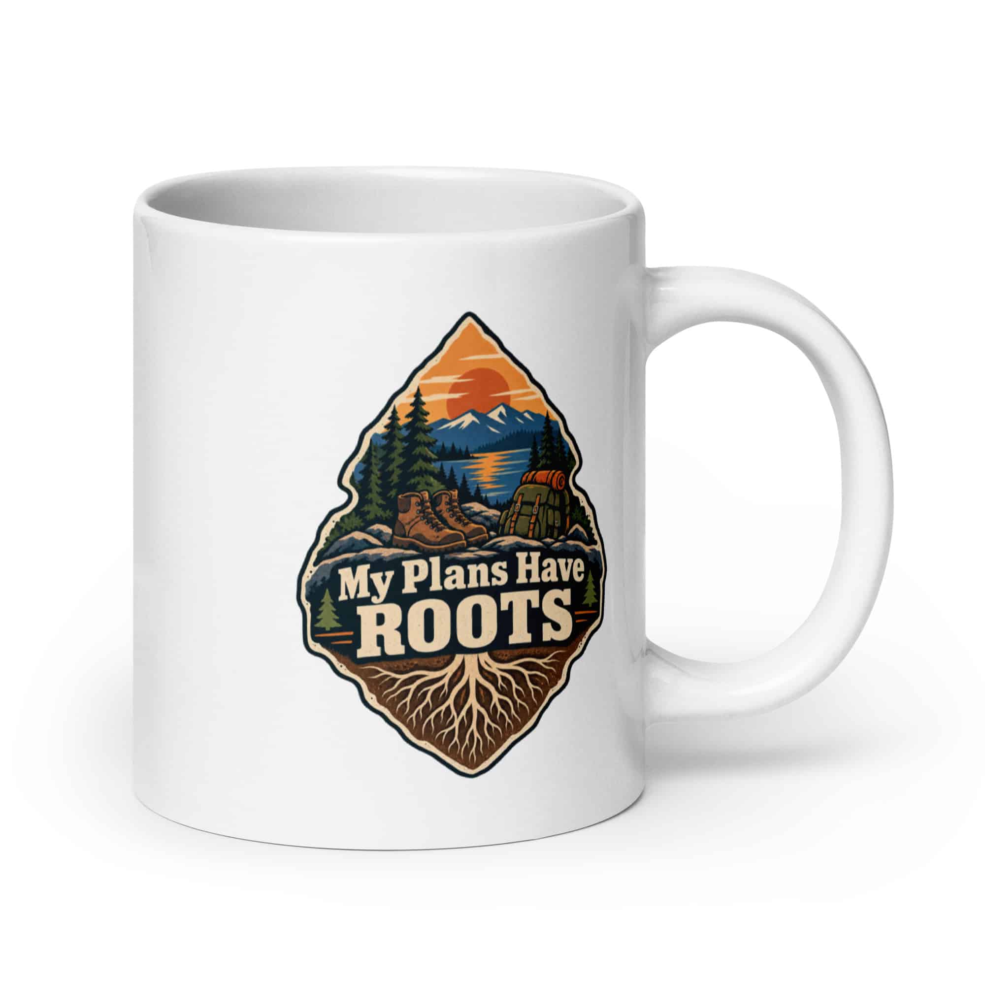 Nature and Adventure White Ceramic Coffee Mug: My Plans Have Roots, Scenic Shield Badge