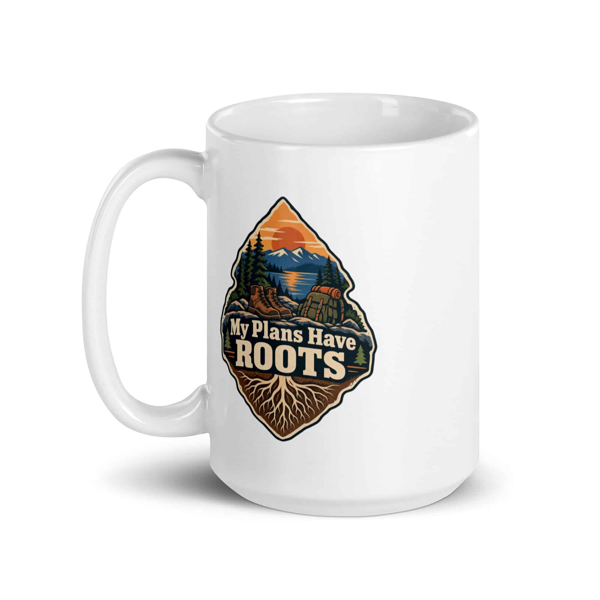 Nature and Adventure White Ceramic Coffee Mug: My Plans Have Roots, Scenic Shield Badge