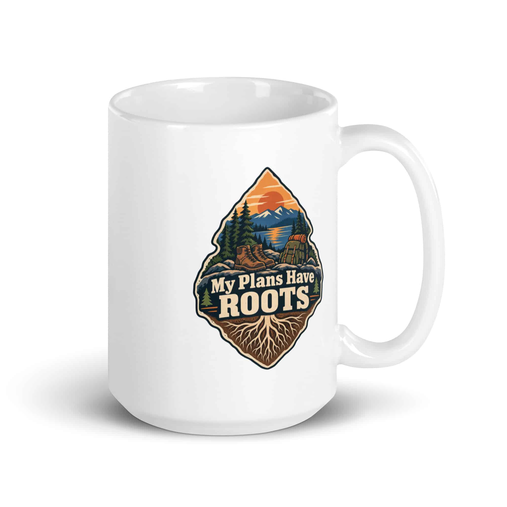 Nature and Adventure White Ceramic Coffee Mug: My Plans Have Roots, Scenic Shield Badge