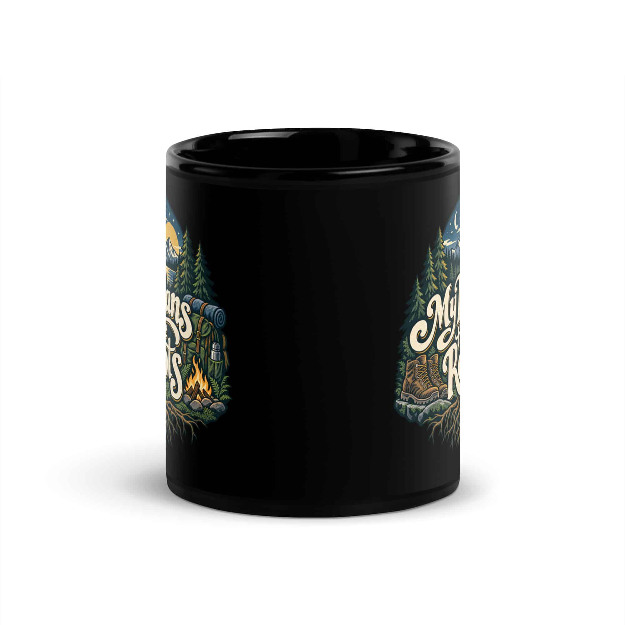 Nature and Adventure Black Coffee Mug: My Plans Have Roots, Woodland Scenic Lettering