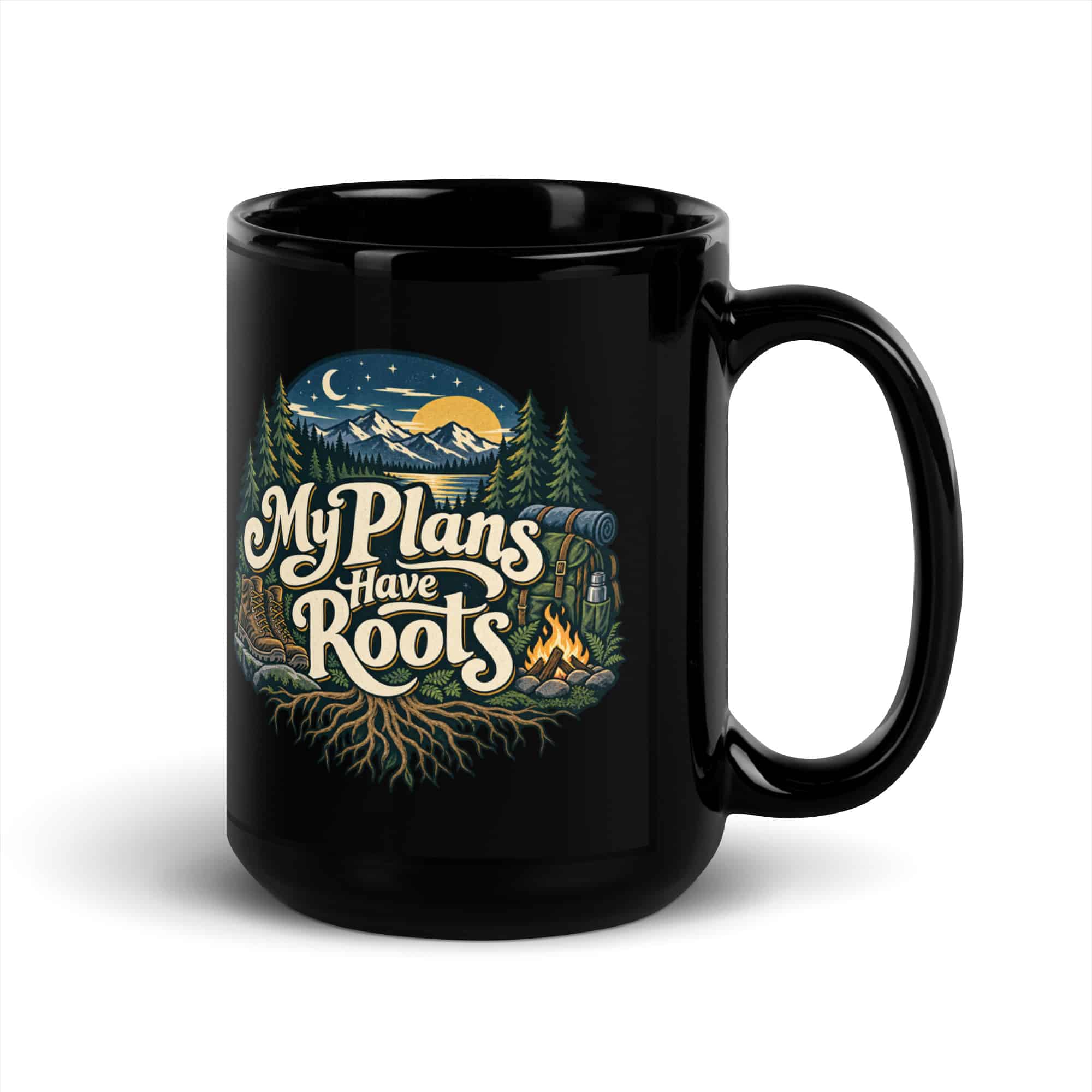Nature and Adventure Black Coffee Mug: My Plans Have Roots, Woodland Scenic Lettering
