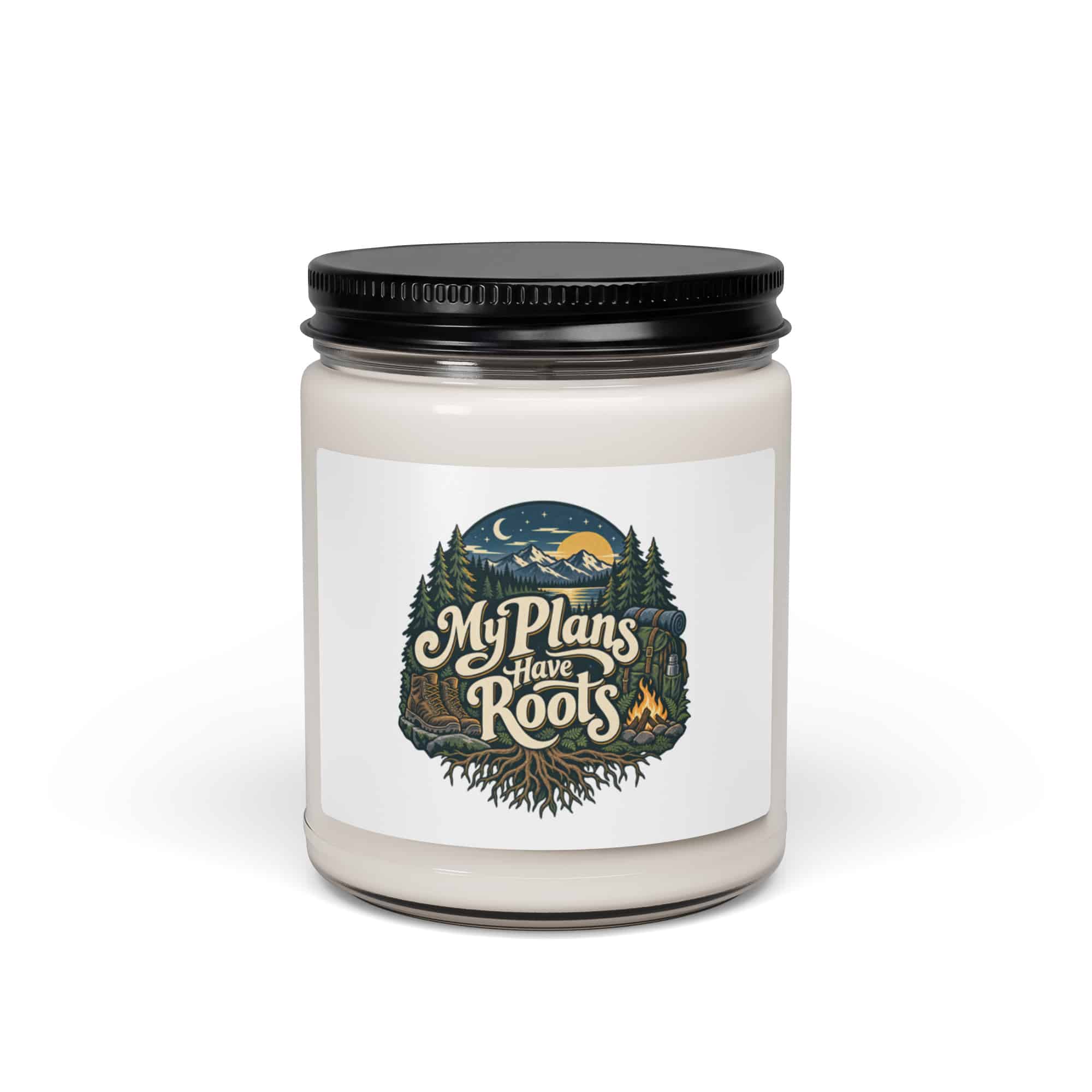 Nature and Adventure Soy Wax Candle: My Plans Have Roots, Woodland Scenic Lettering