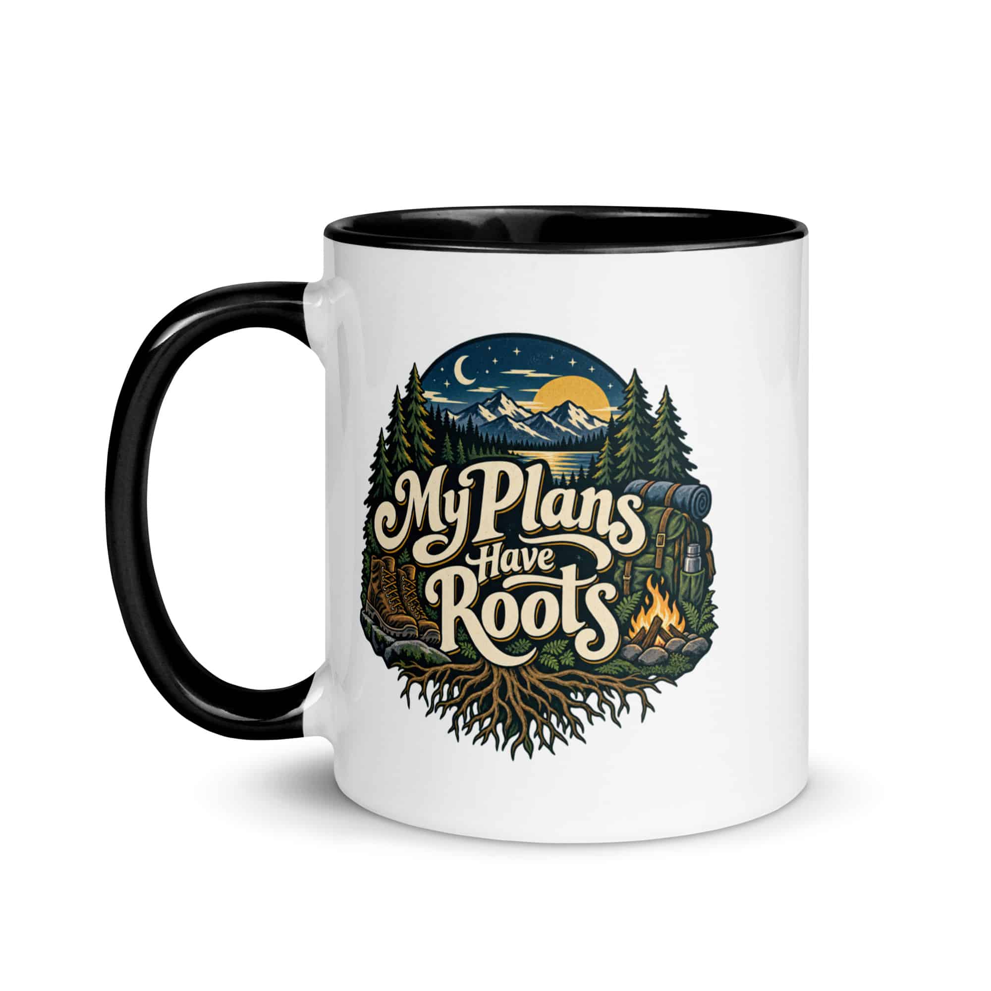 Nature and Adventure Color Inside Coffee Mug: My Plans Have Roots, Woodland Scenic Lettering