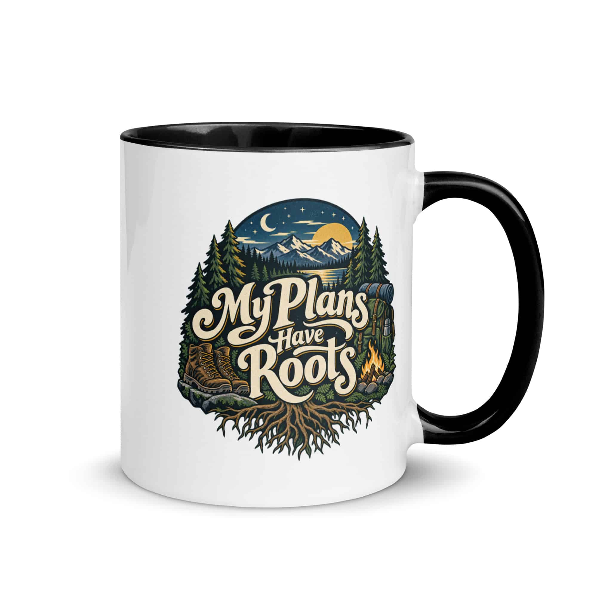 Nature and Adventure Color Inside Coffee Mug: My Plans Have Roots, Woodland Scenic Lettering