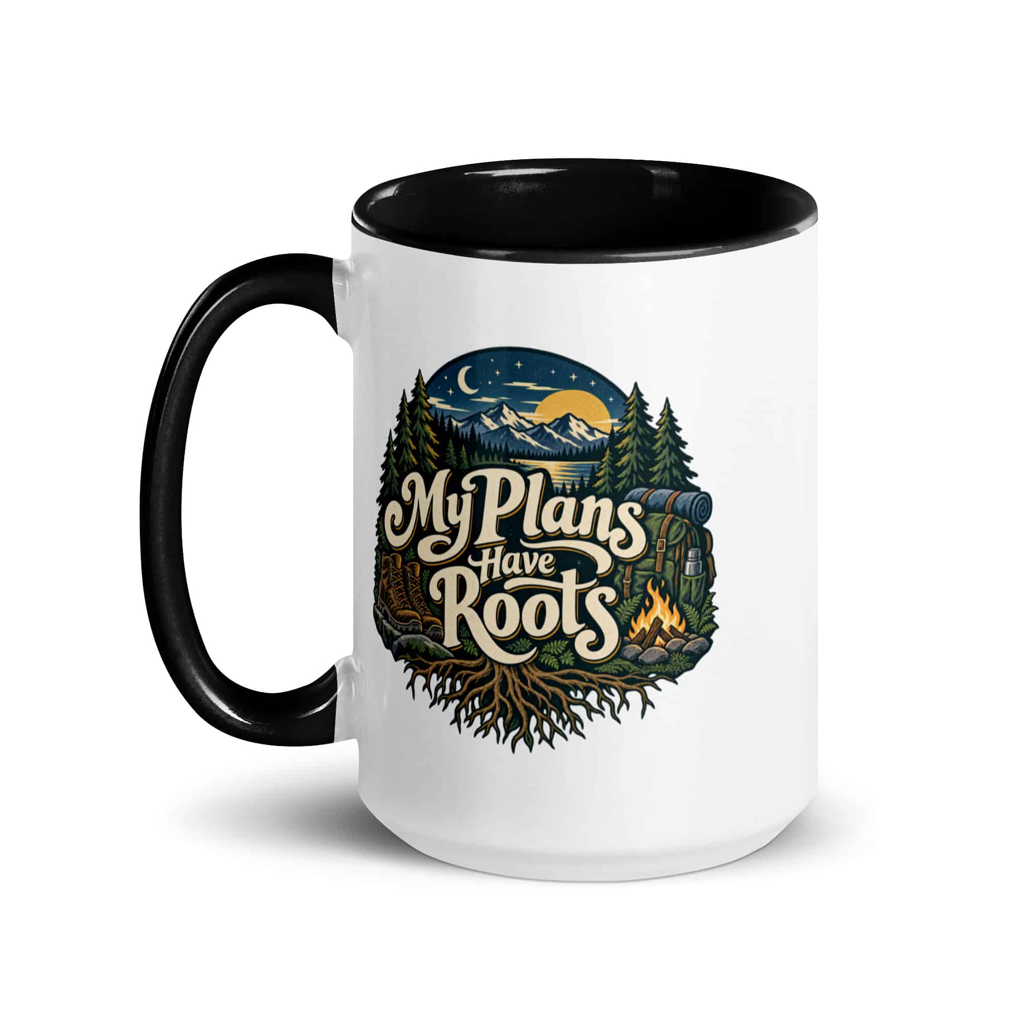 Nature and Adventure Color Inside Coffee Mug: My Plans Have Roots, Woodland Scenic Lettering