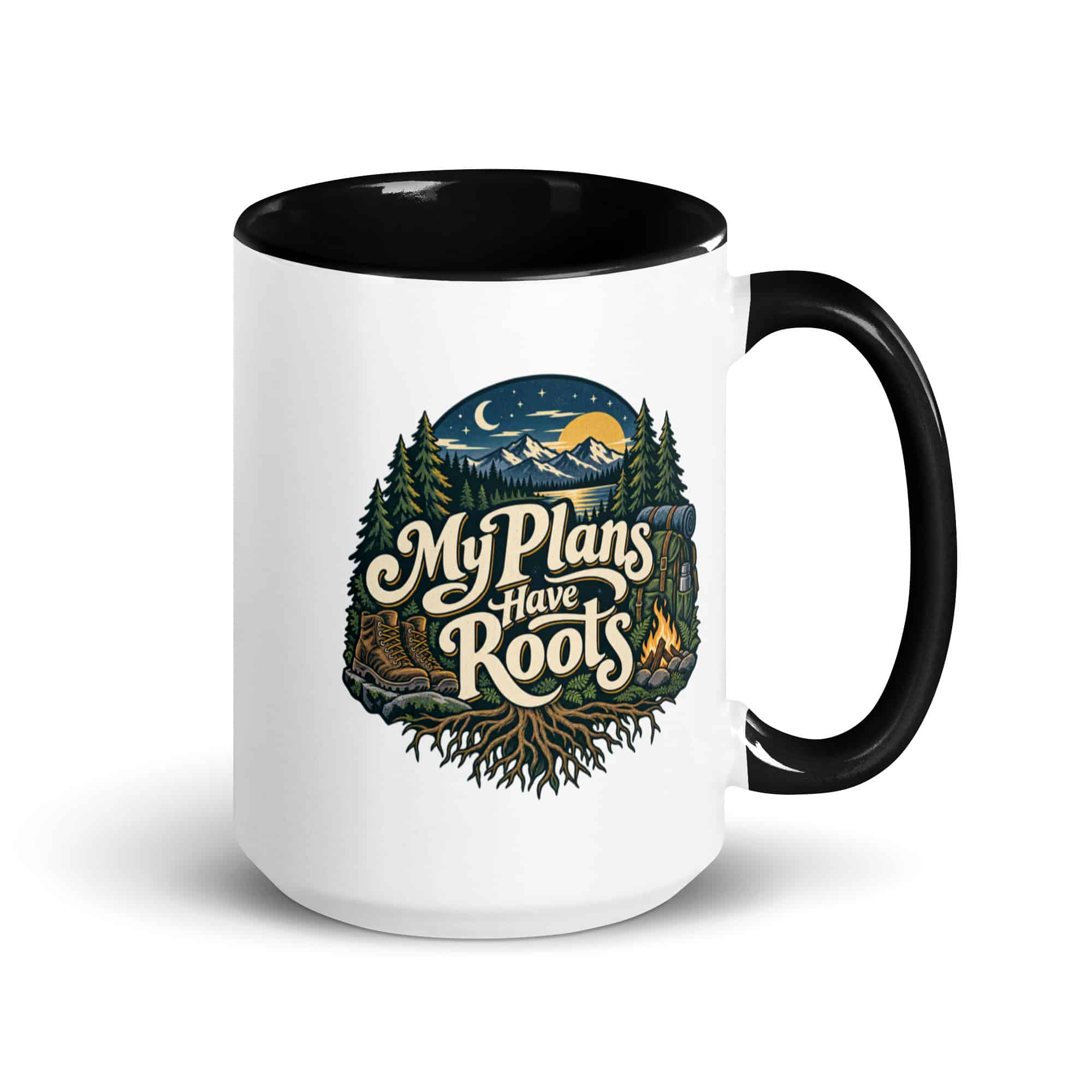 Nature and Adventure Color Inside Coffee Mug: My Plans Have Roots, Woodland Scenic Lettering