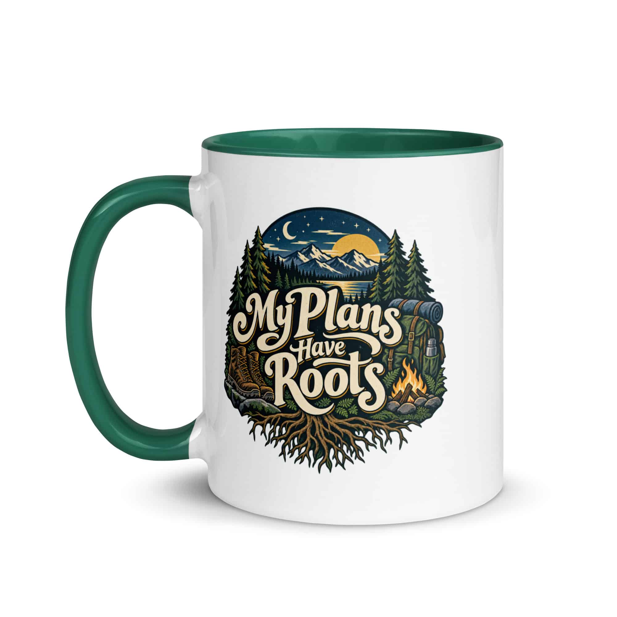 Nature and Adventure Color Inside Coffee Mug: My Plans Have Roots, Woodland Scenic Lettering