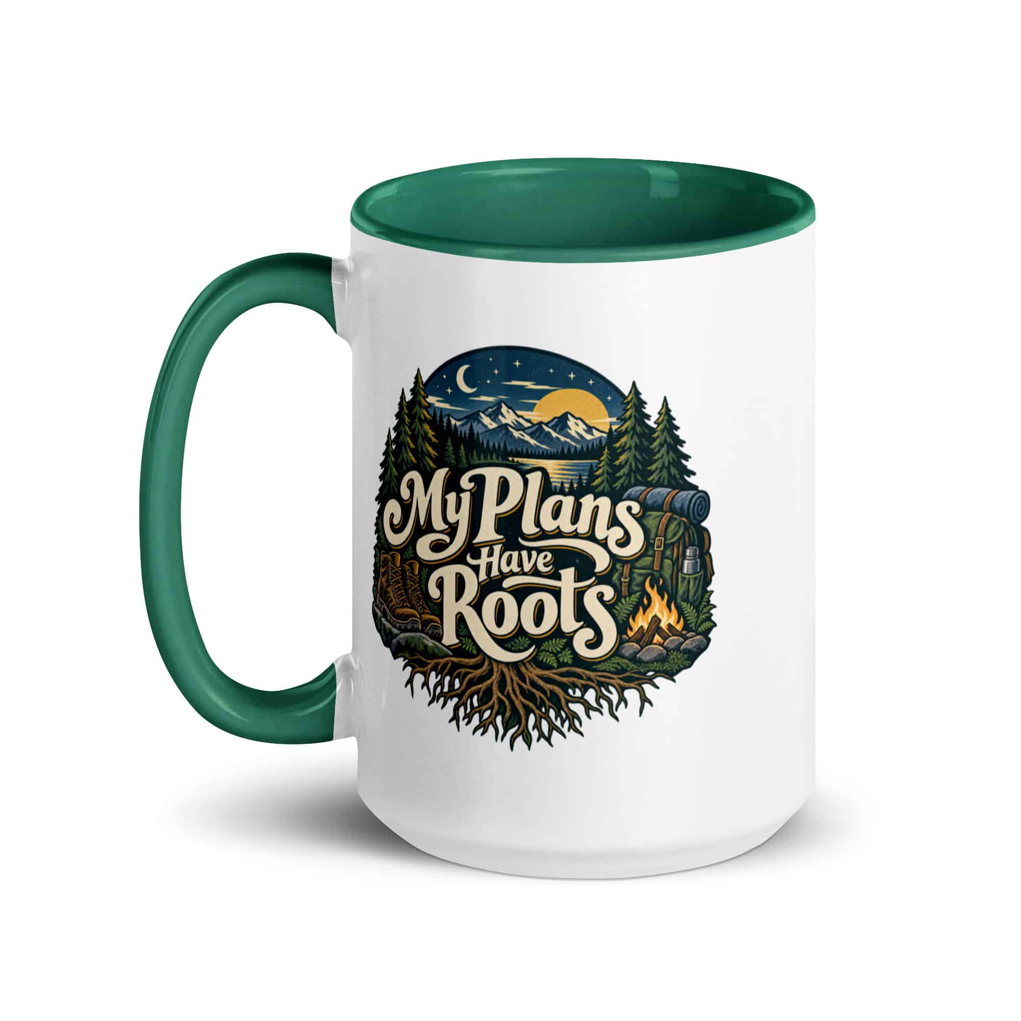 Nature and Adventure Color Inside Coffee Mug: My Plans Have Roots, Woodland Scenic Lettering