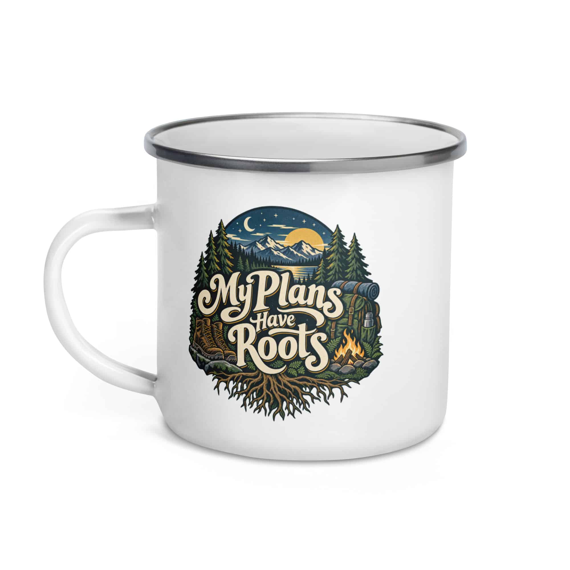 Nature and Adventure Enamel Camp Mug: My Plans Have Roots, Woodland Scenic Lettering