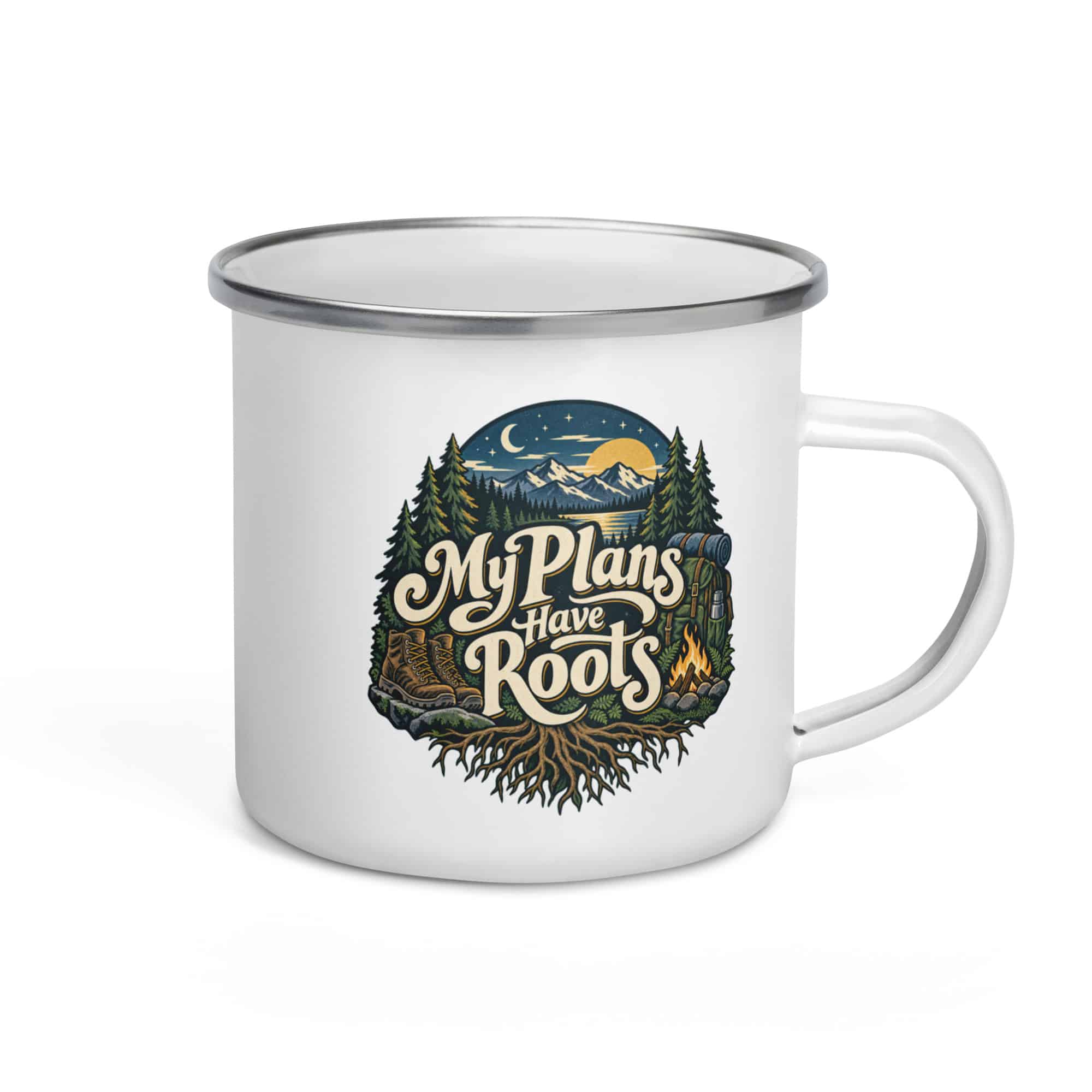 Nature and Adventure Enamel Camp Mug: My Plans Have Roots, Woodland Scenic Lettering