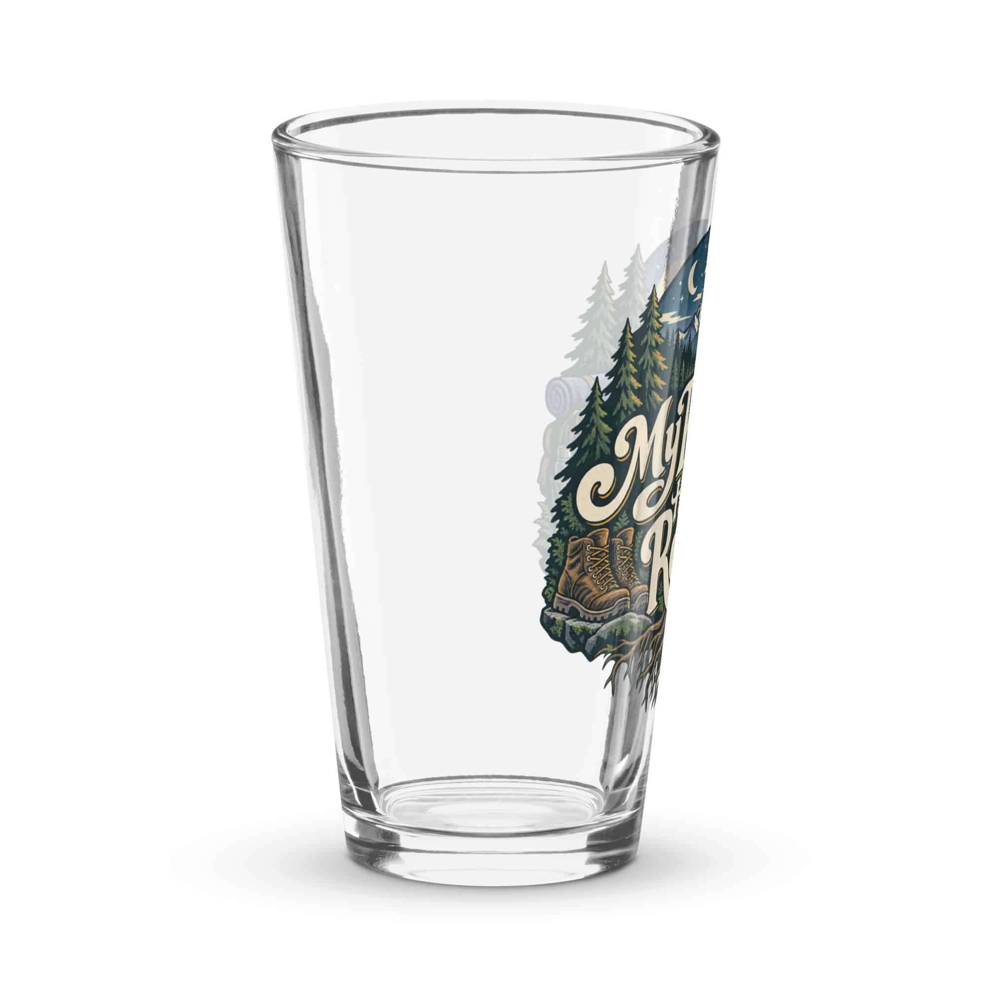 Nature and Adventure Pint Glass: My Plans Have Roots, Woodland Scenic Lettering