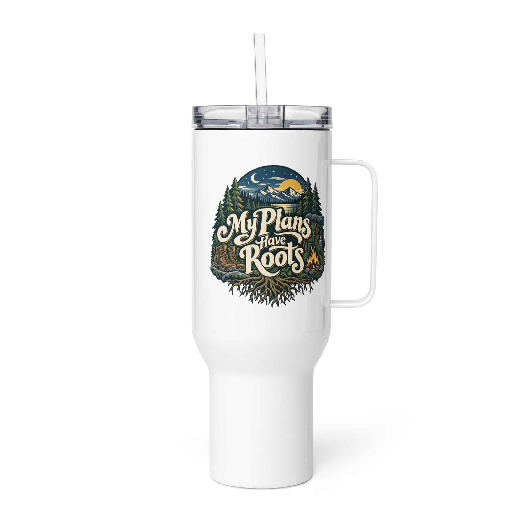Nature and Adventure Travel Mug: My Plans Have Roots, Woodland Scenic Lettering