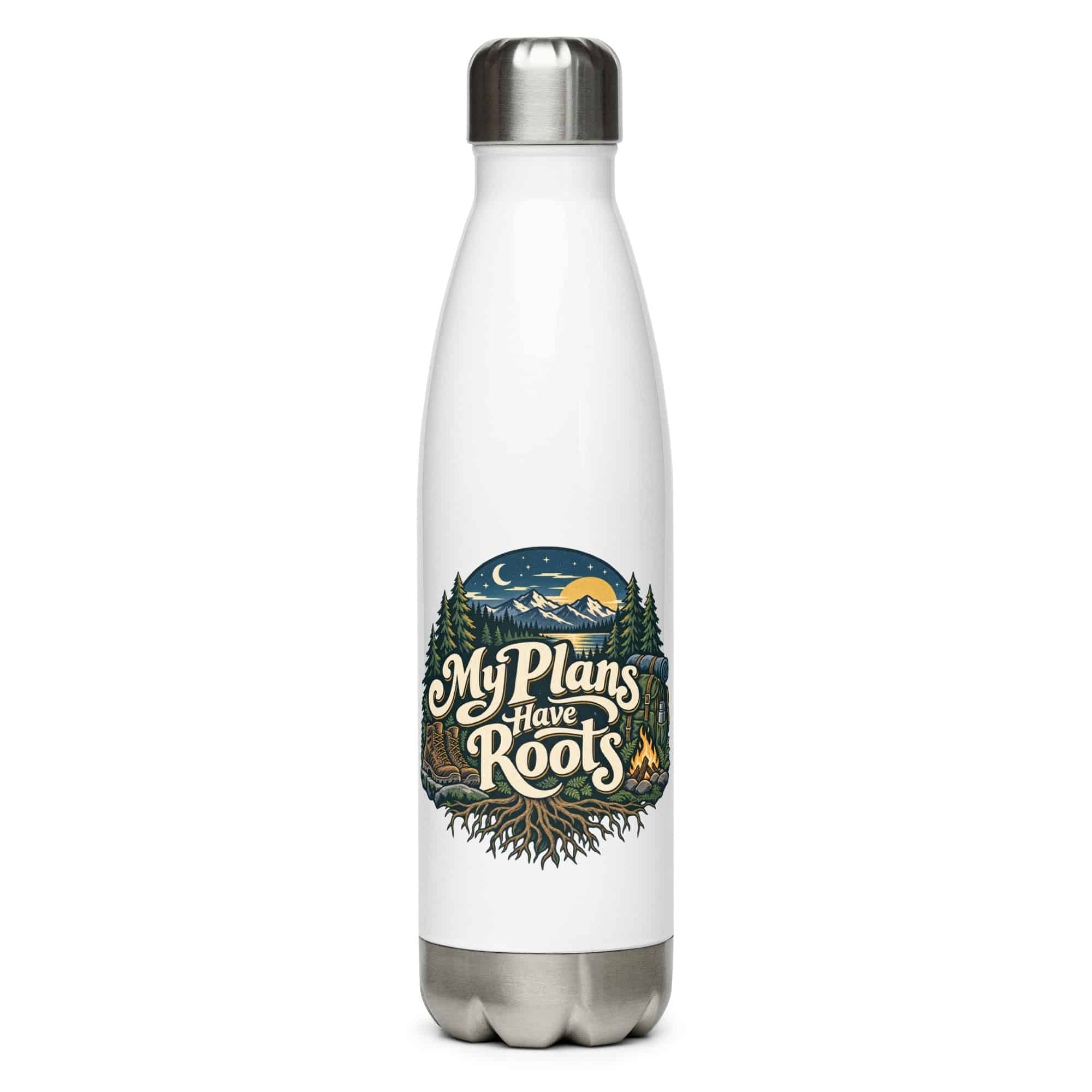 Nature and Adventure Stainless Steel Water Bottle: My Plans Have Roots, Woodland Scenic Lettering