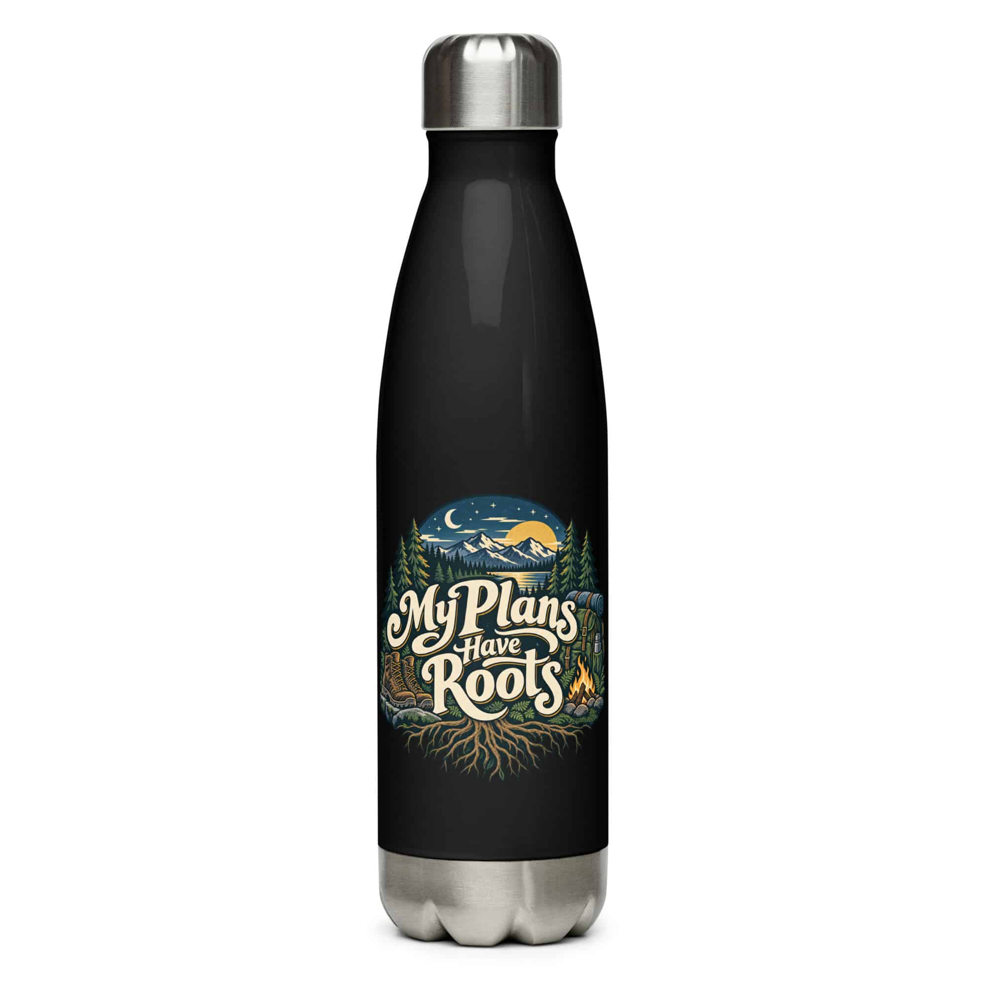 Nature and Adventure Stainless Steel Water Bottle: My Plans Have Roots, Woodland Scenic Lettering