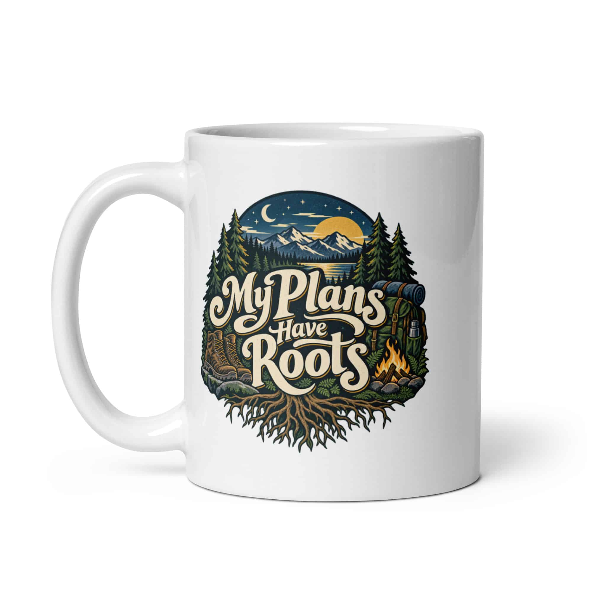 Nature and Adventure White Ceramic Coffee Mug: My Plans Have Roots, Woodland Scenic Lettering