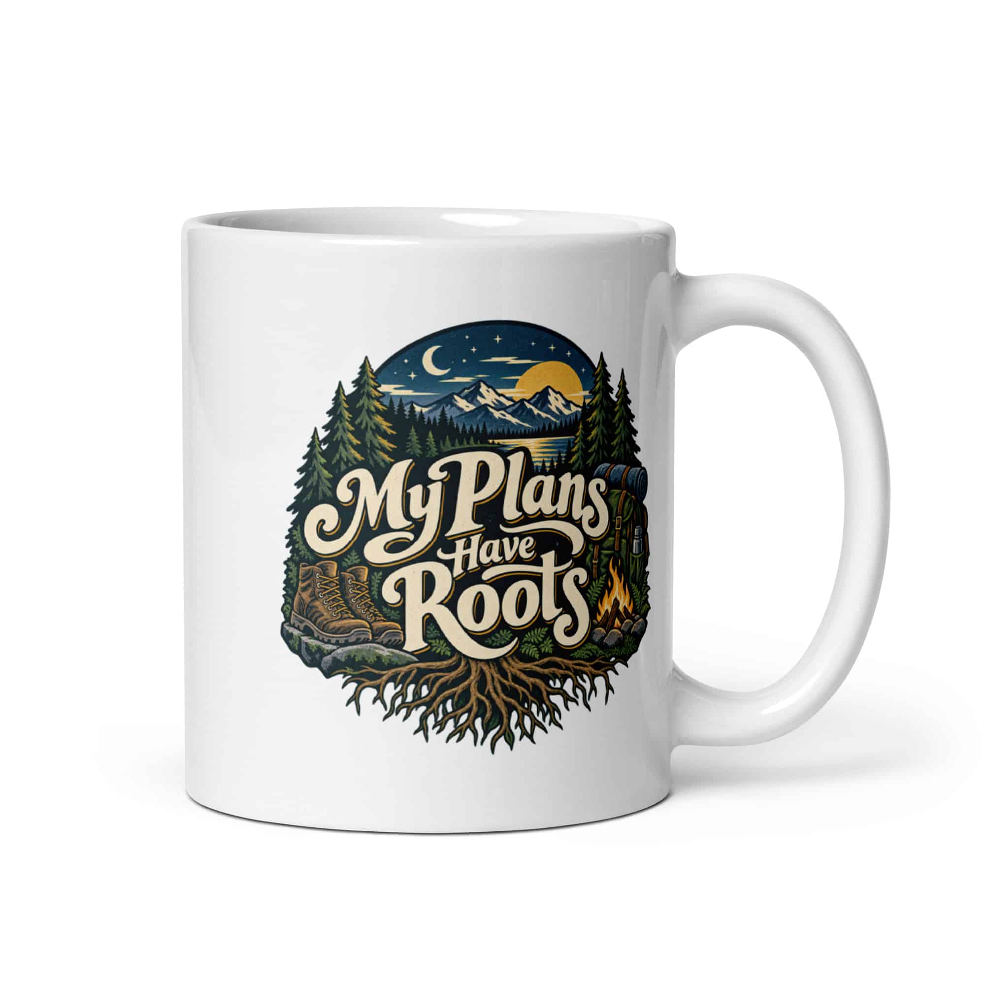 Nature and Adventure White Ceramic Coffee Mug: My Plans Have Roots, Woodland Scenic Lettering
