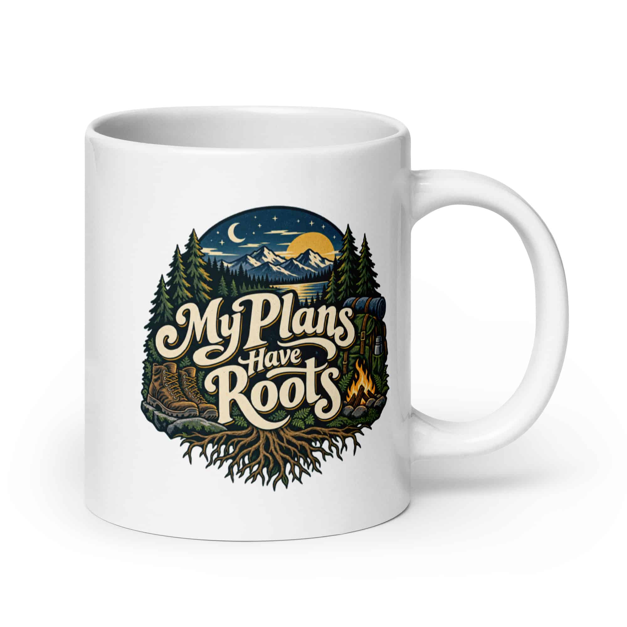 Nature and Adventure White Ceramic Coffee Mug: My Plans Have Roots, Woodland Scenic Lettering