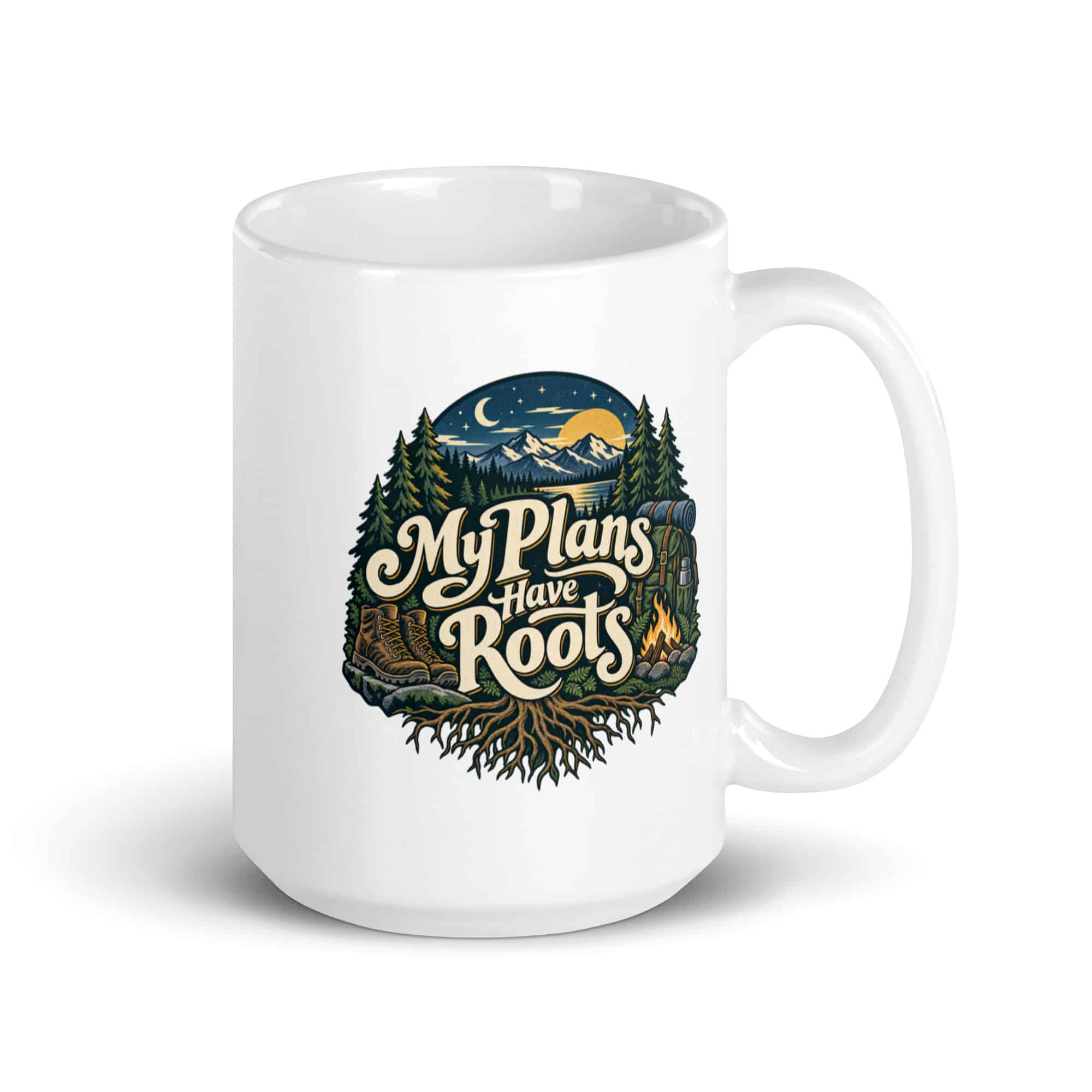 Nature and Adventure White Ceramic Coffee Mug: My Plans Have Roots, Woodland Scenic Lettering