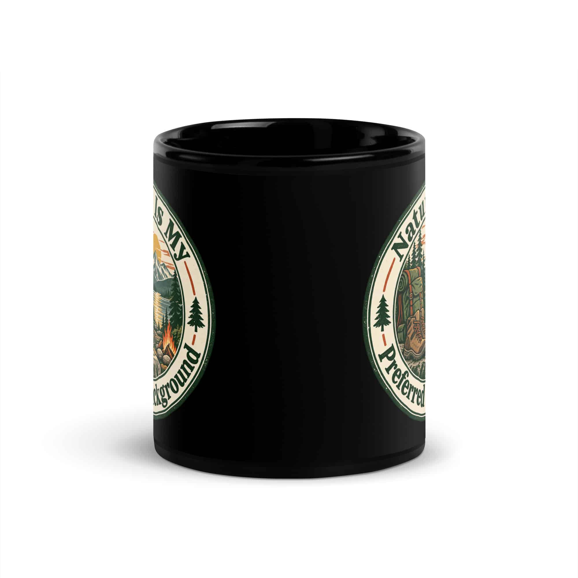 Nature and Adventure Black Coffee Mug: Nature Is My Preferred Background, Vintage Round Badge
