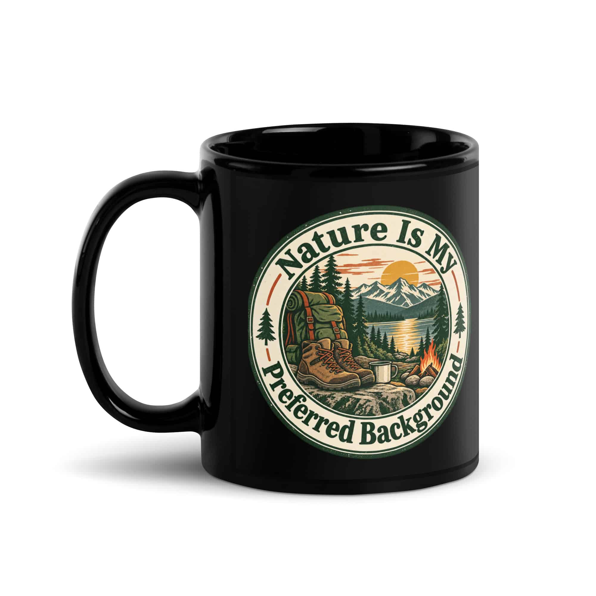Nature and Adventure Black Coffee Mug: Nature Is My Preferred Background, Vintage Round Badge