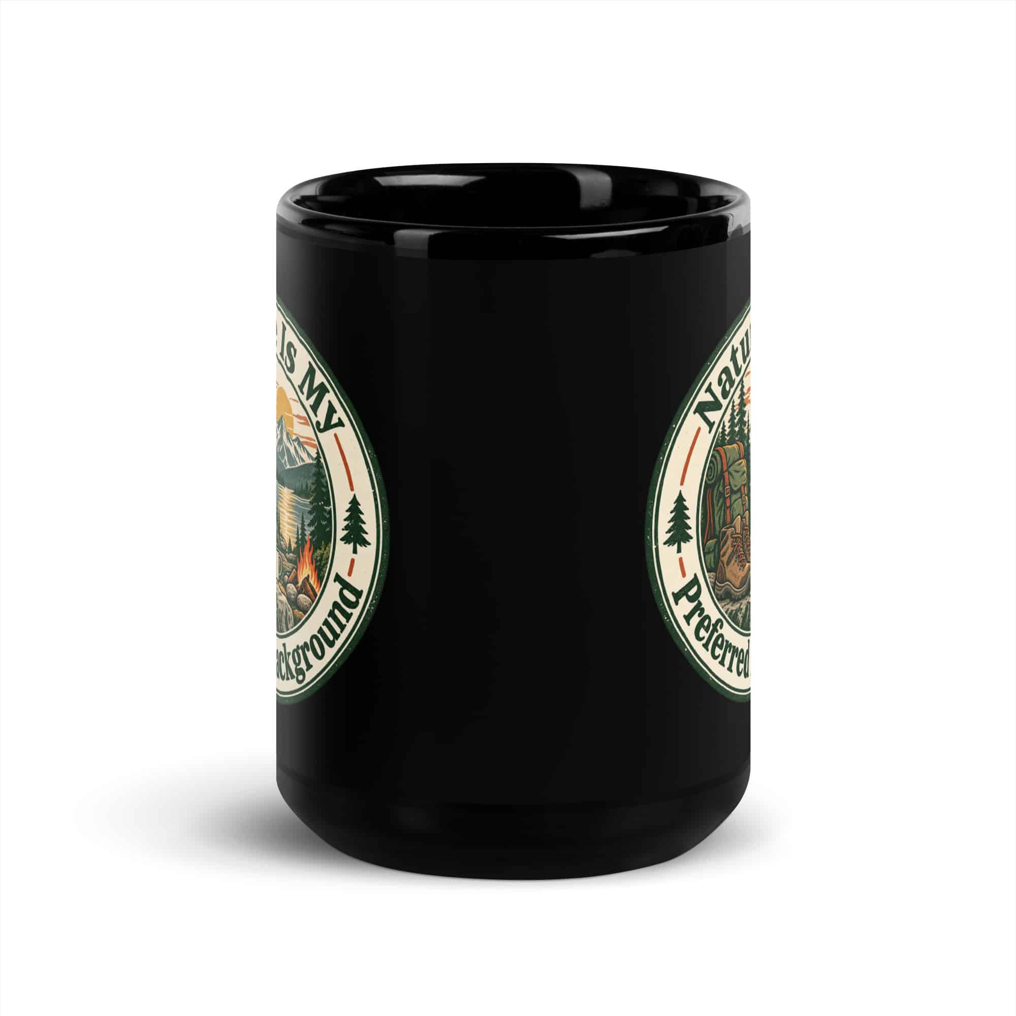 Nature and Adventure Black Coffee Mug: Nature Is My Preferred Background, Vintage Round Badge