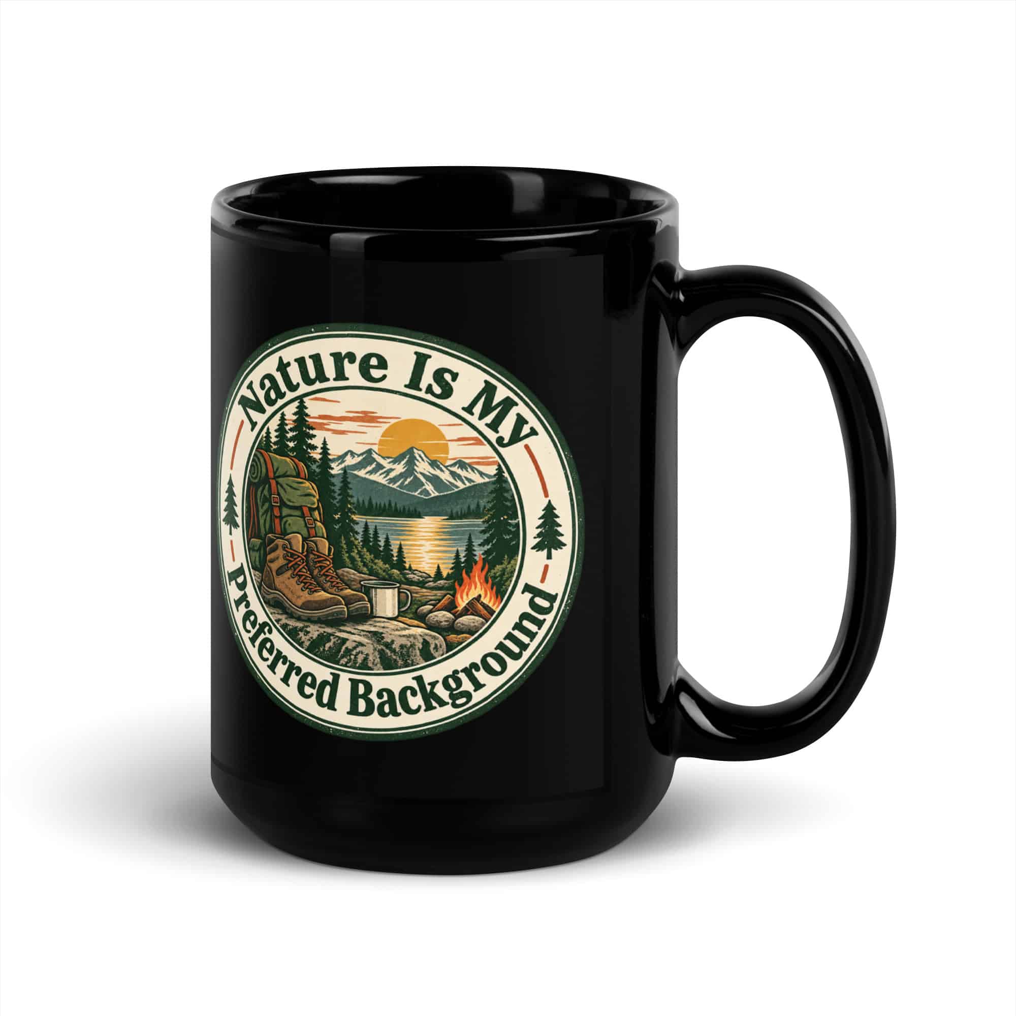 Nature and Adventure Black Coffee Mug: Nature Is My Preferred Background, Vintage Round Badge