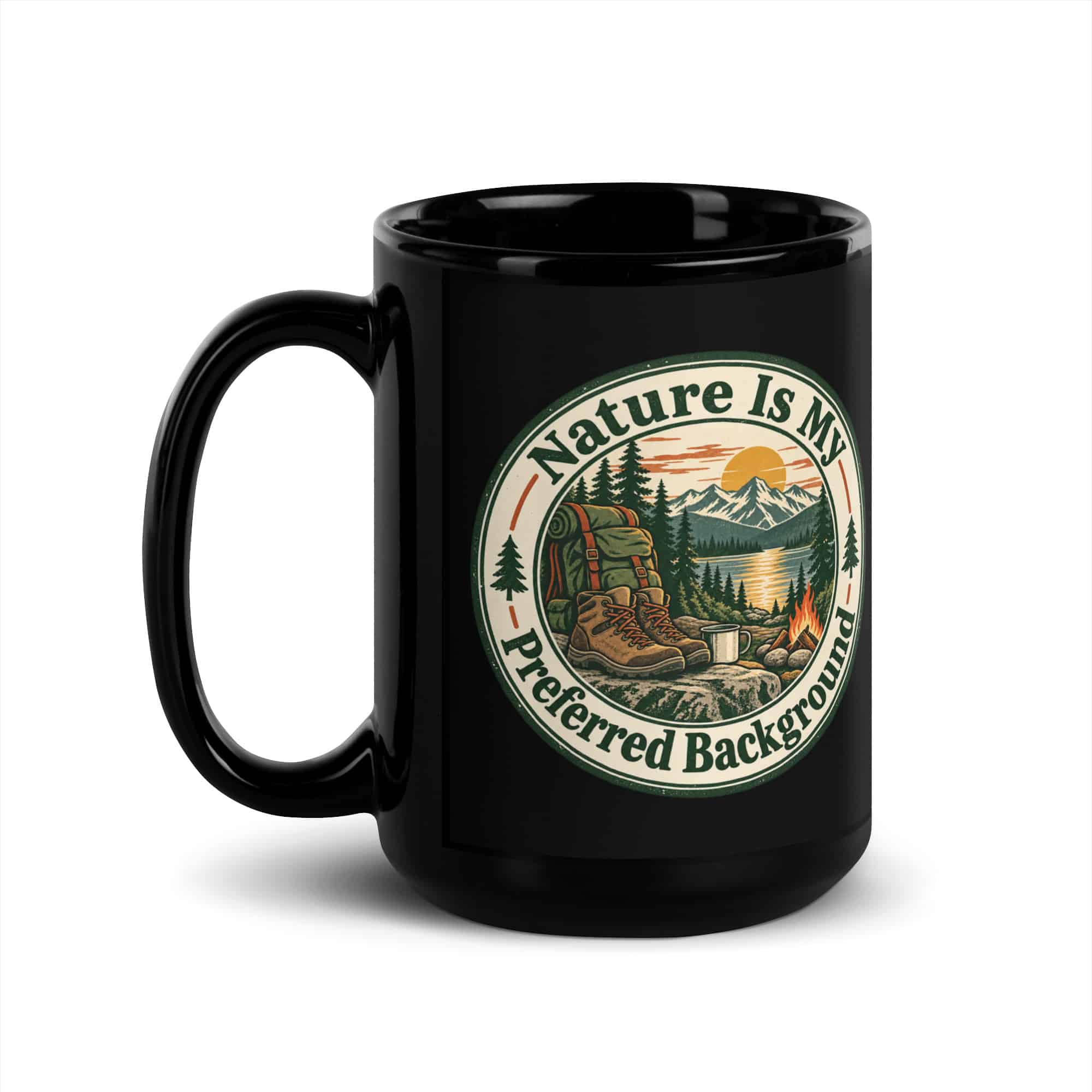 Nature and Adventure Black Coffee Mug: Nature Is My Preferred Background, Vintage Round Badge