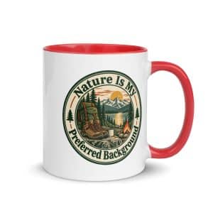 Nature and Adventure Color Inside Coffee Mug: Nature Is My Preferred Background, Vintage Round Badge - 11 oz - Main