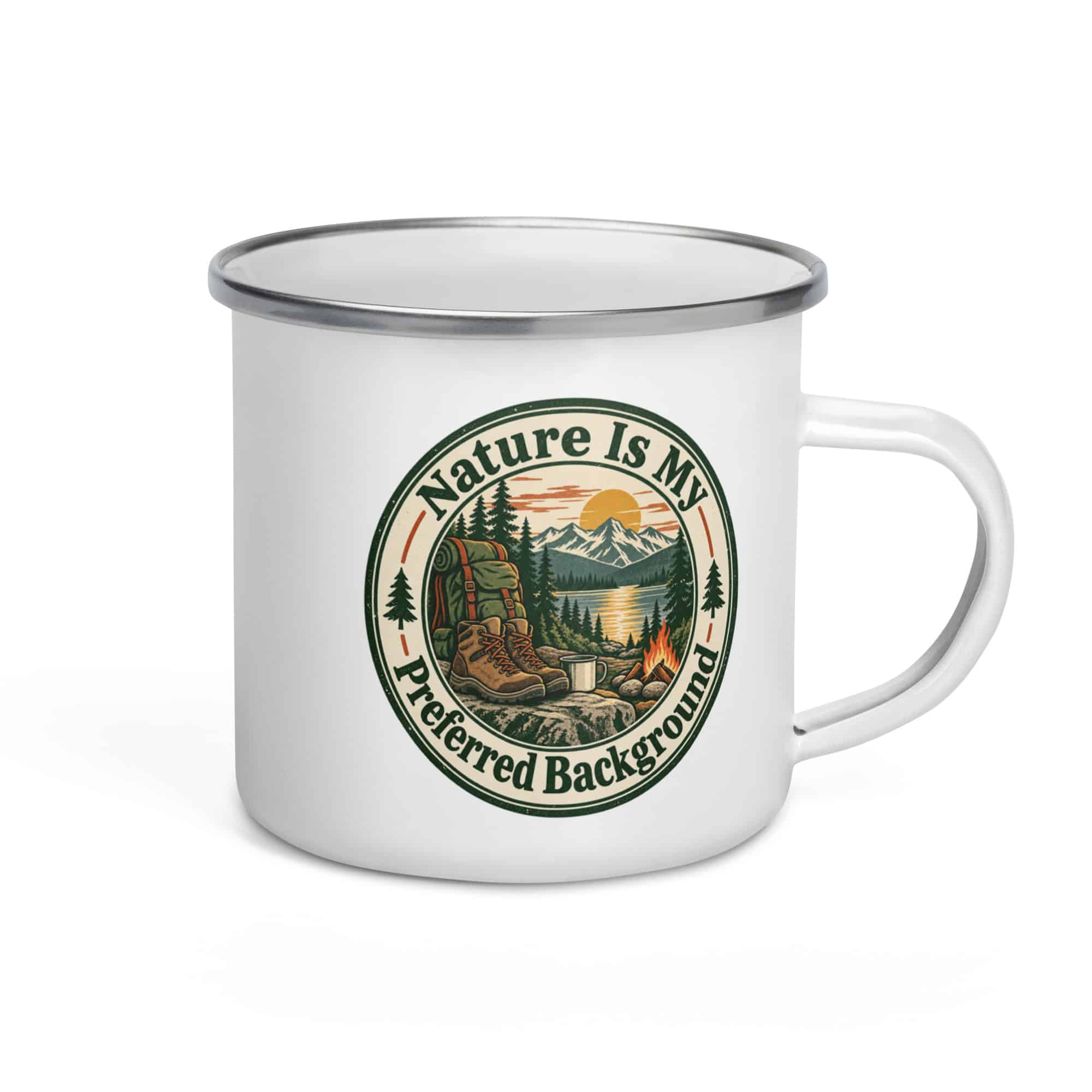 Nature and Adventure Enamel Camp Mug: Nature Is My Preferred Background, Vintage Round Badge