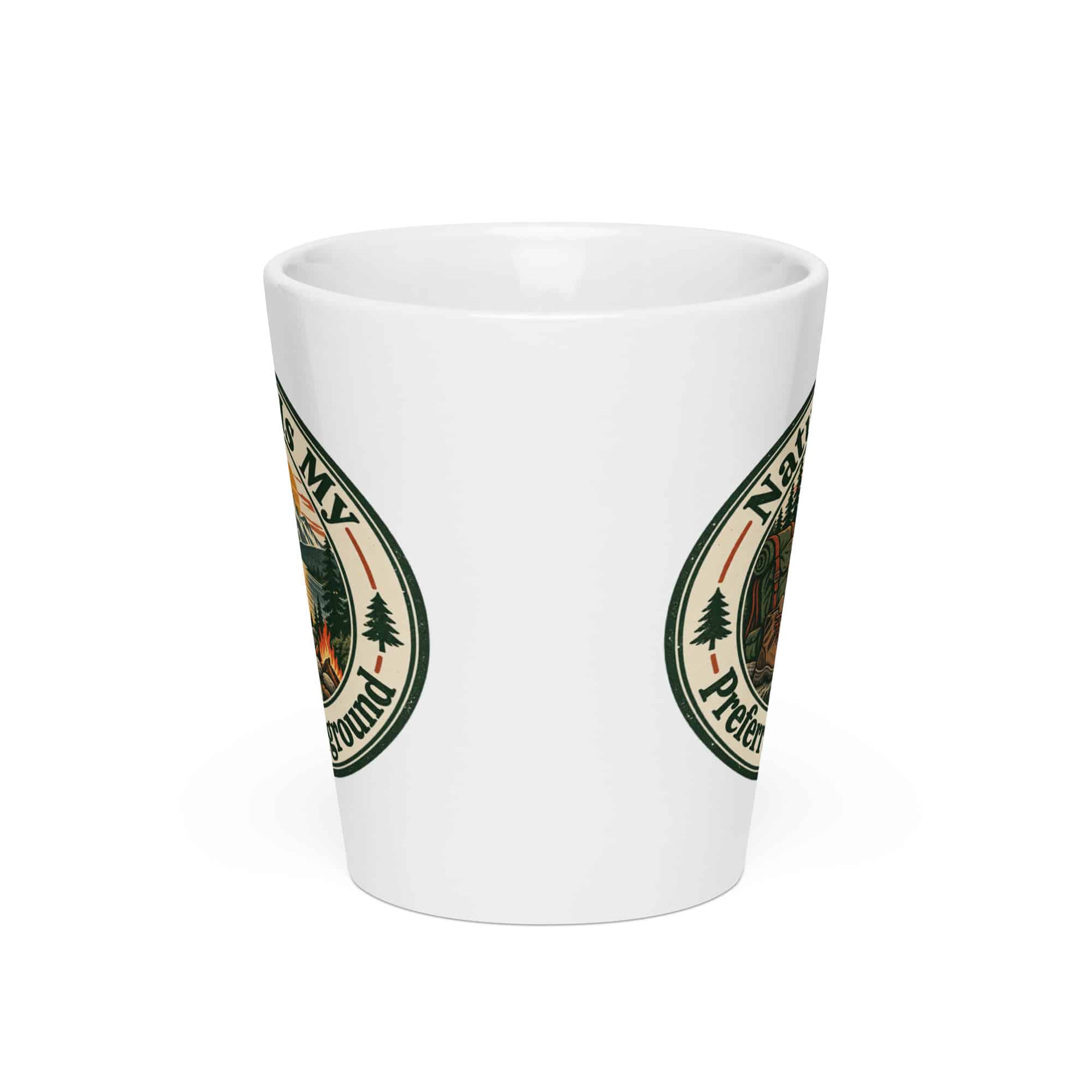 Nature and Adventure Latte Mug: Nature Is My Preferred Background, Vintage Round Badge