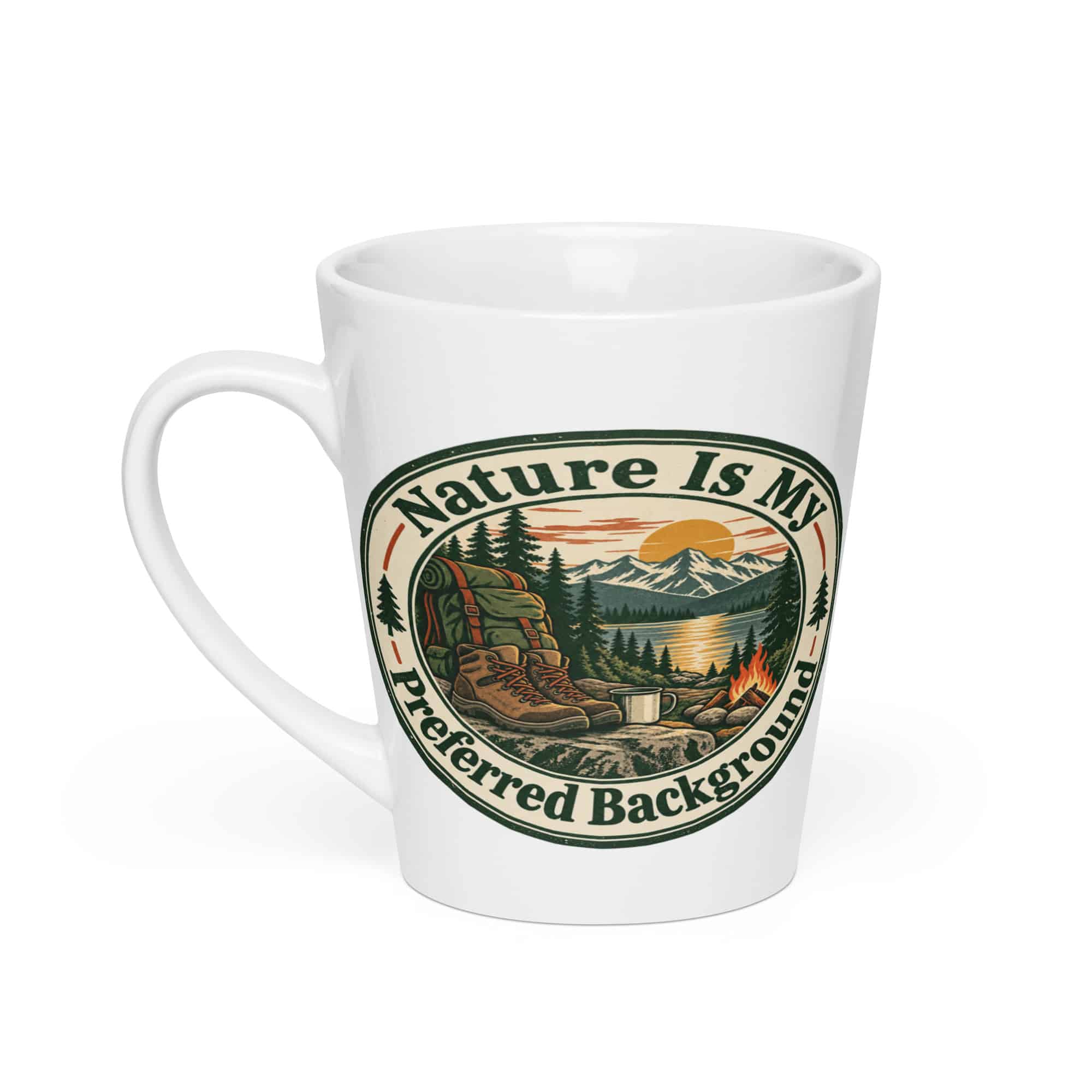 Nature and Adventure Latte Mug: Nature Is My Preferred Background, Vintage Round Badge