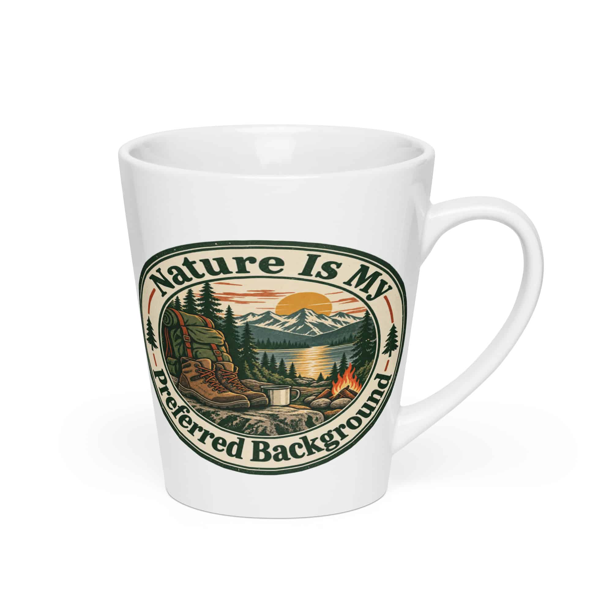 Nature and Adventure Latte Mug: Nature Is My Preferred Background, Vintage Round Badge