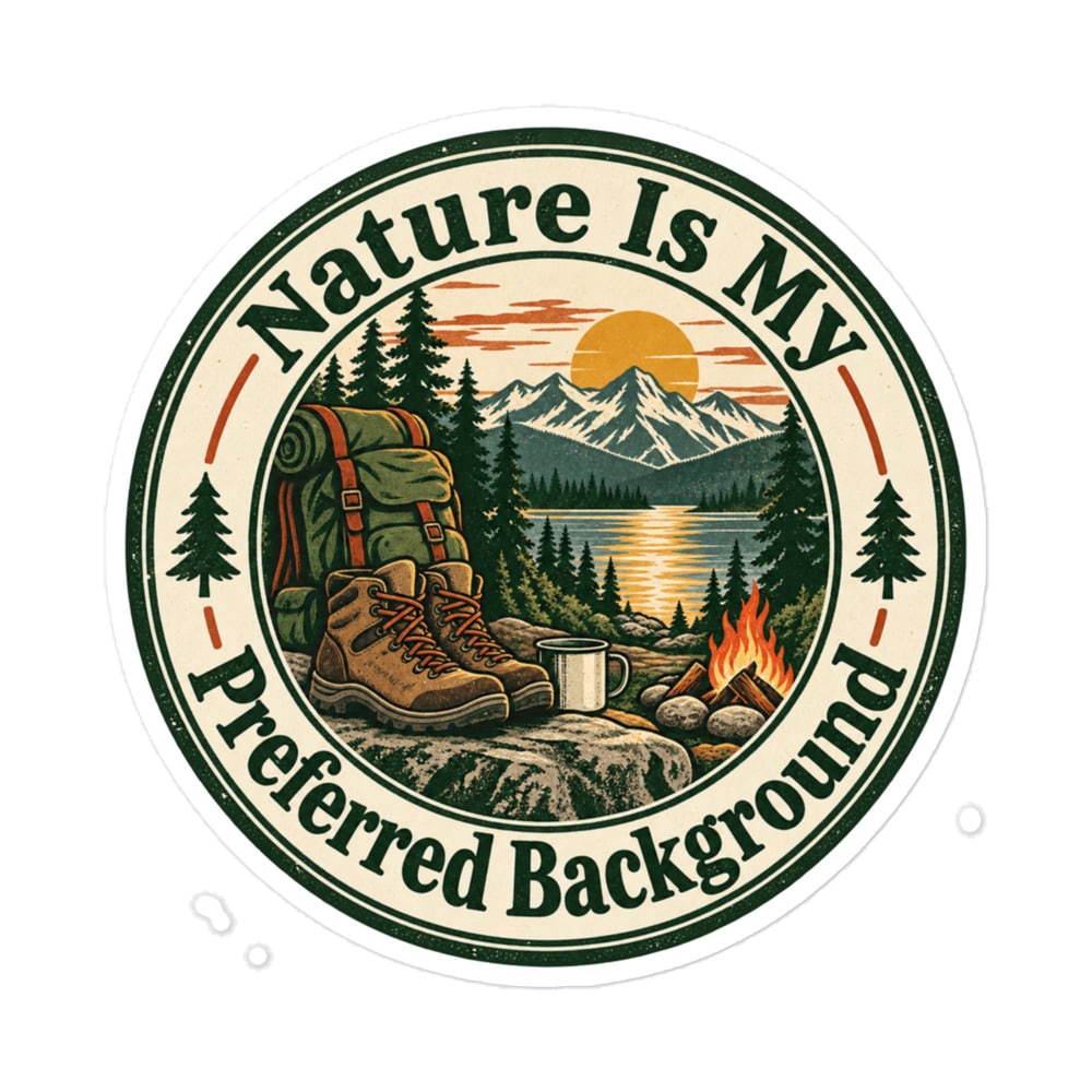 Nature and Adventure Vinyl Sticker: Nature Is My Preferred Background, Vintage Round Badge