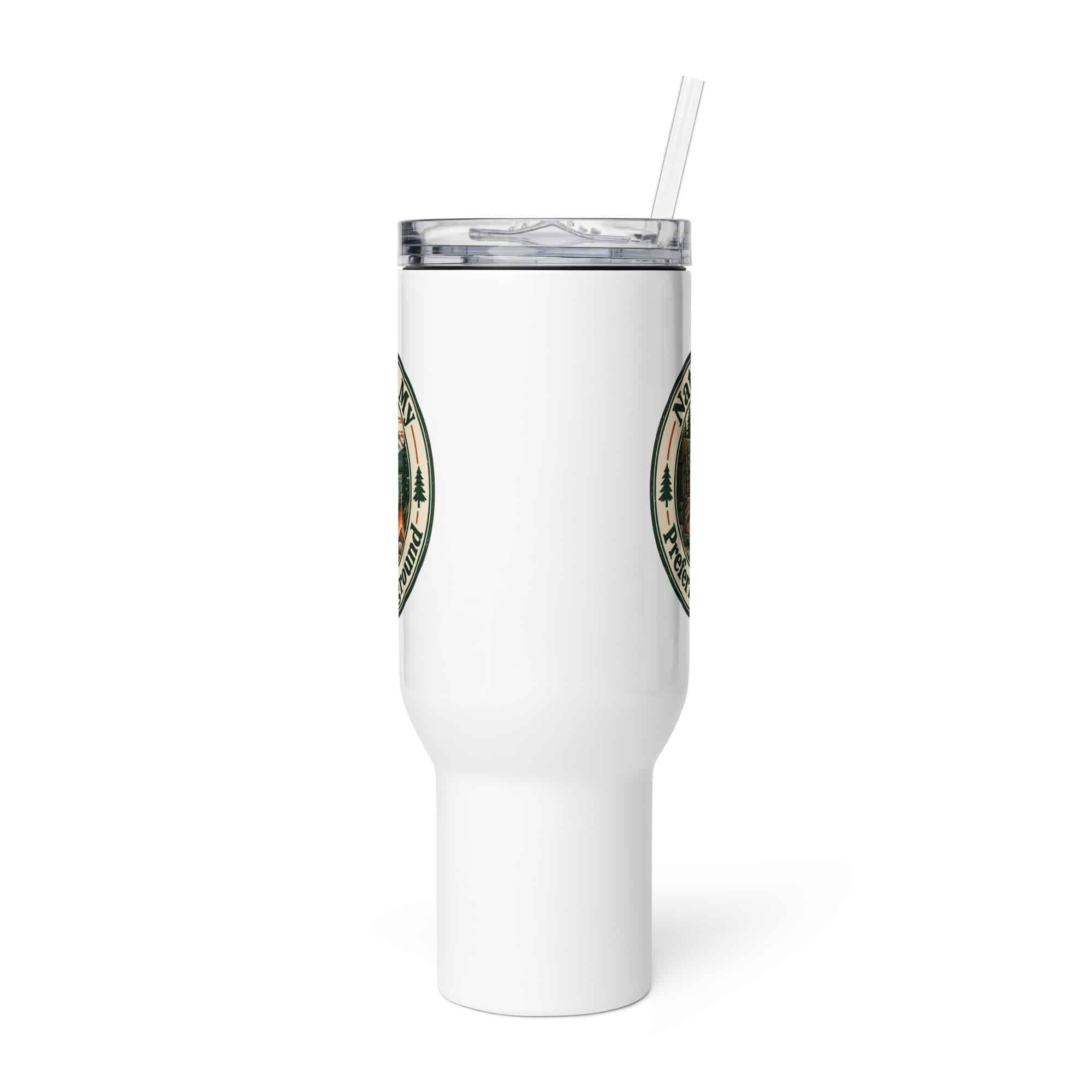 Nature and Adventure Travel Mug: Nature Is My Preferred Background, Vintage Round Badge